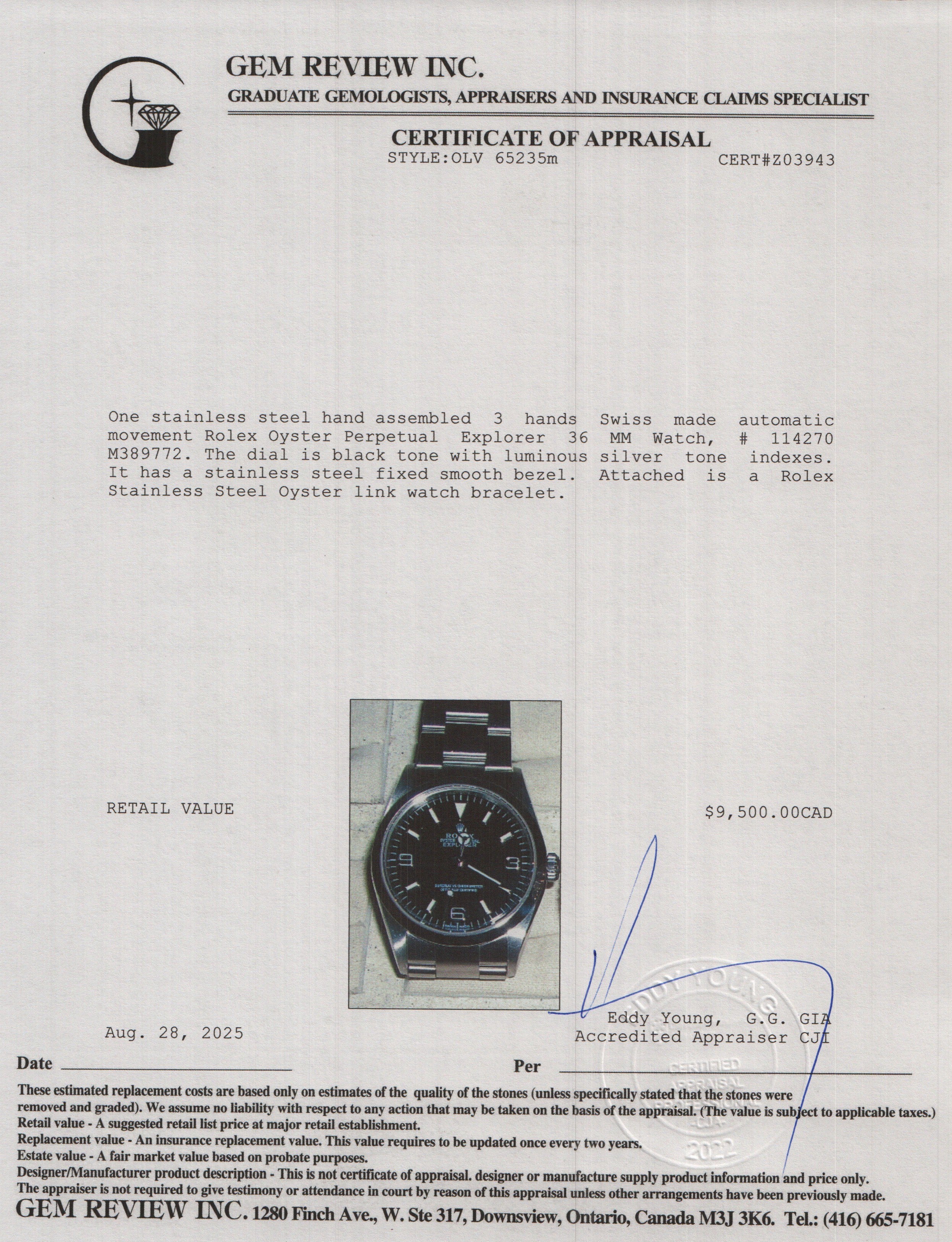 Rolex Stainless Steel Black Dial Oyster Perpetual Explorer 36 MM Watch 114270 w/ Box & Papers