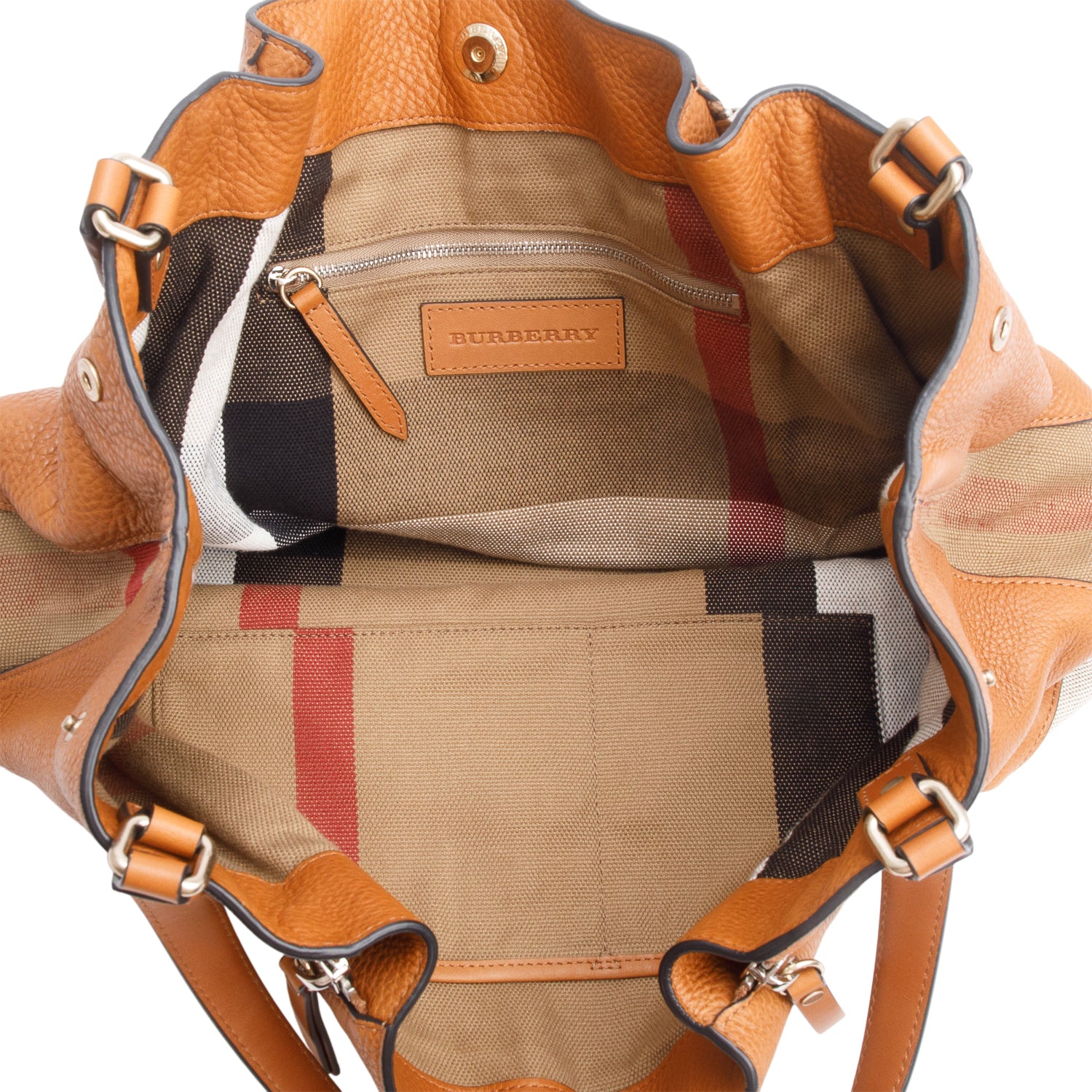 Burberry Brown Grained Leather Canvas Check Medium Maidstone Tote