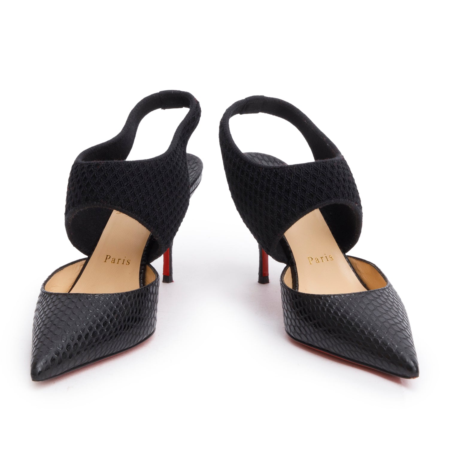 Christian Louboutin Snakeskin Embossed Leather Mesh Georgette Slingback Pumps, Size 37.5 w/ Box