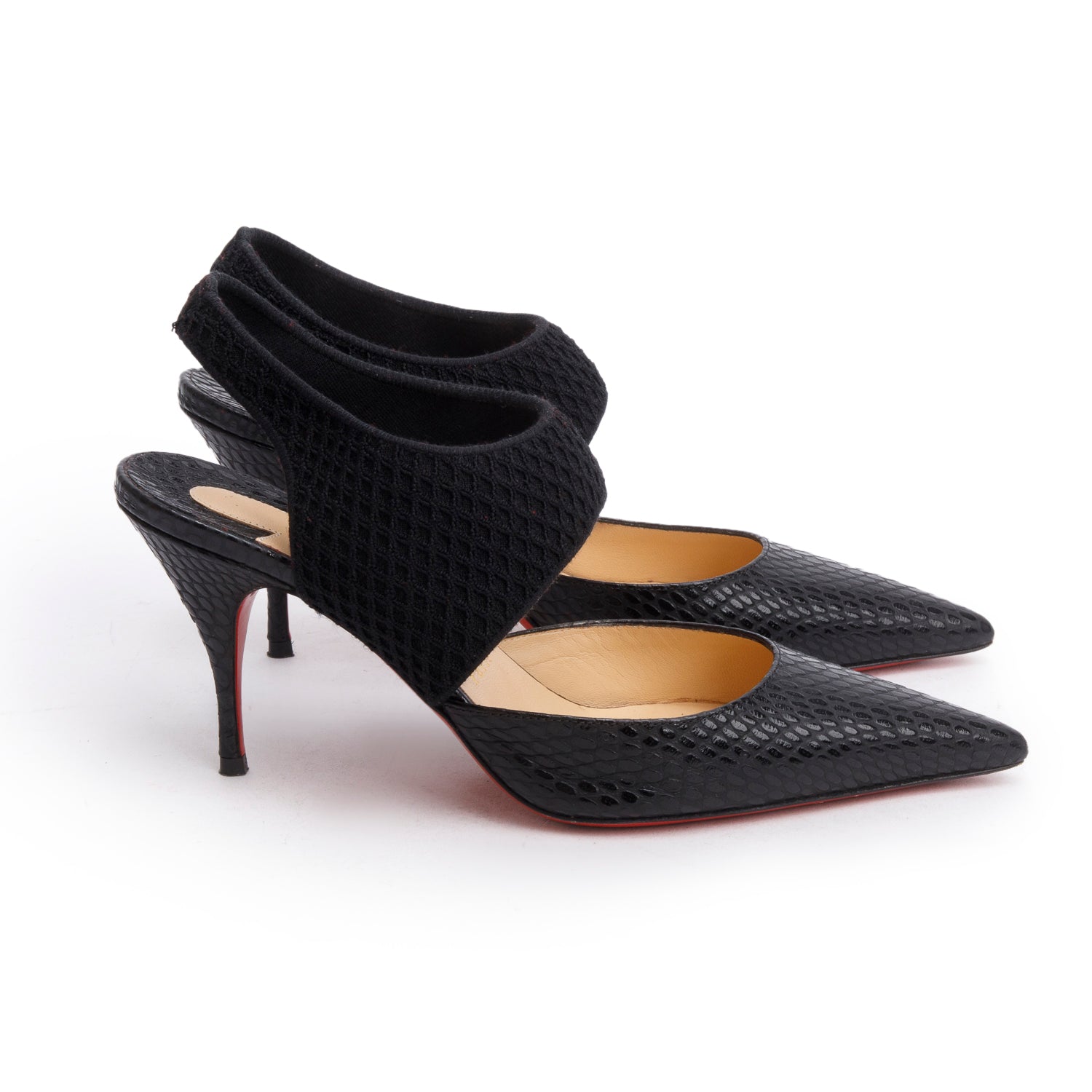 Christian Louboutin Snakeskin Embossed Leather Mesh Georgette Slingback Pumps, Size 37.5 w/ Box