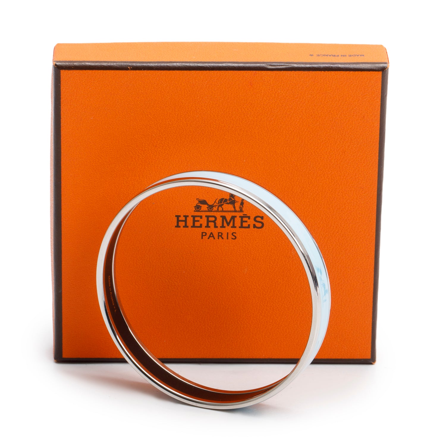 Hermes Palladium-Plated Blue Caleche Enamel Narrow Bangle w/ Box