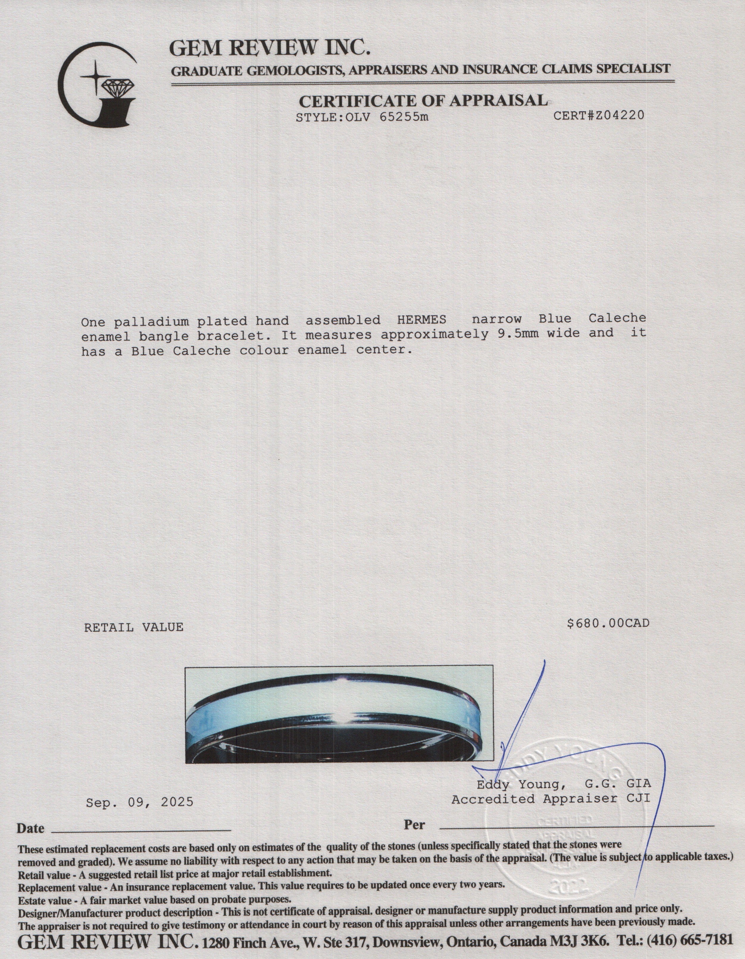 Hermes Palladium-Plated Blue Caleche Enamel Narrow Bangle w/ Box