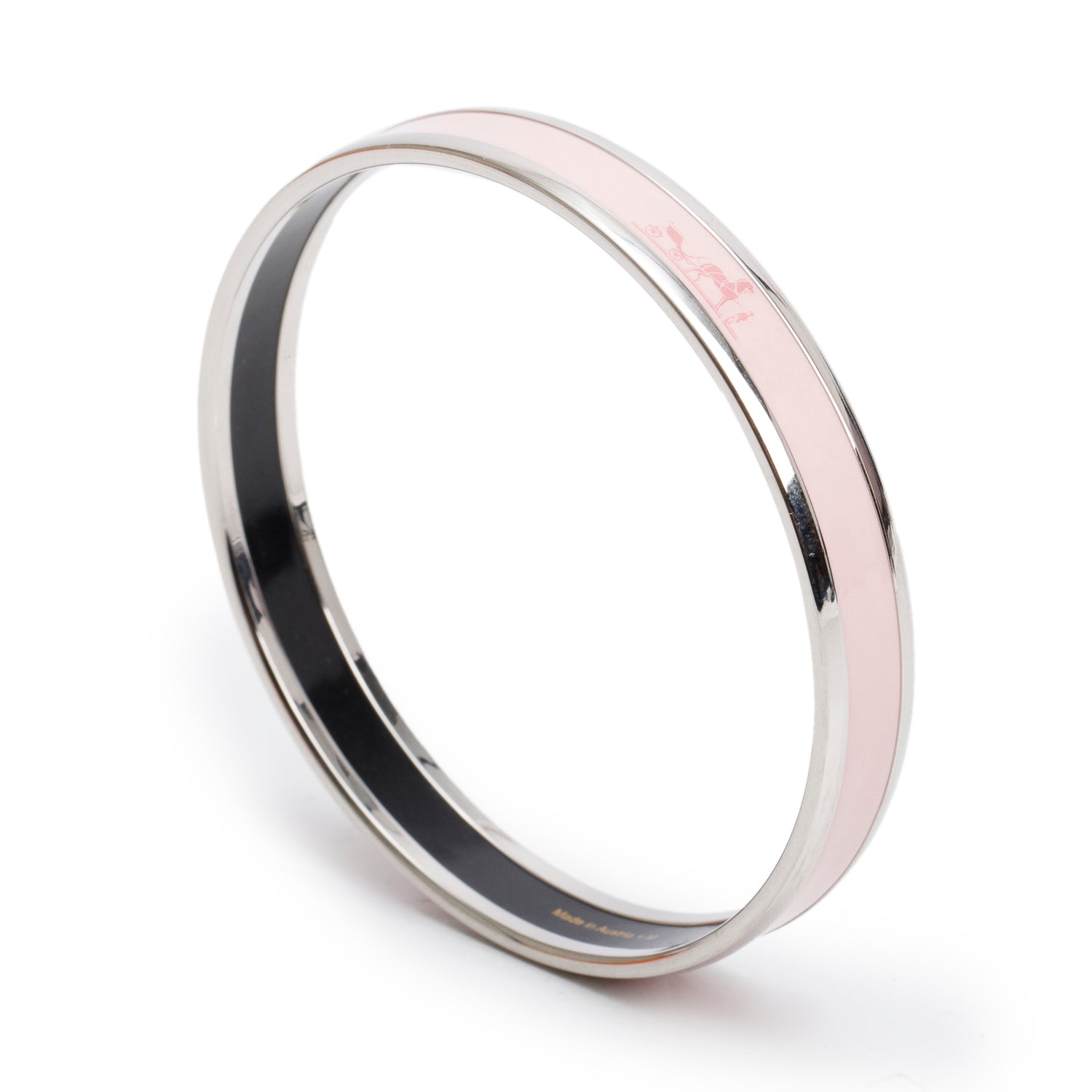 Hermes Palladium-Plated Pink Caleche Enamel Narrow Bangle w/ Box
