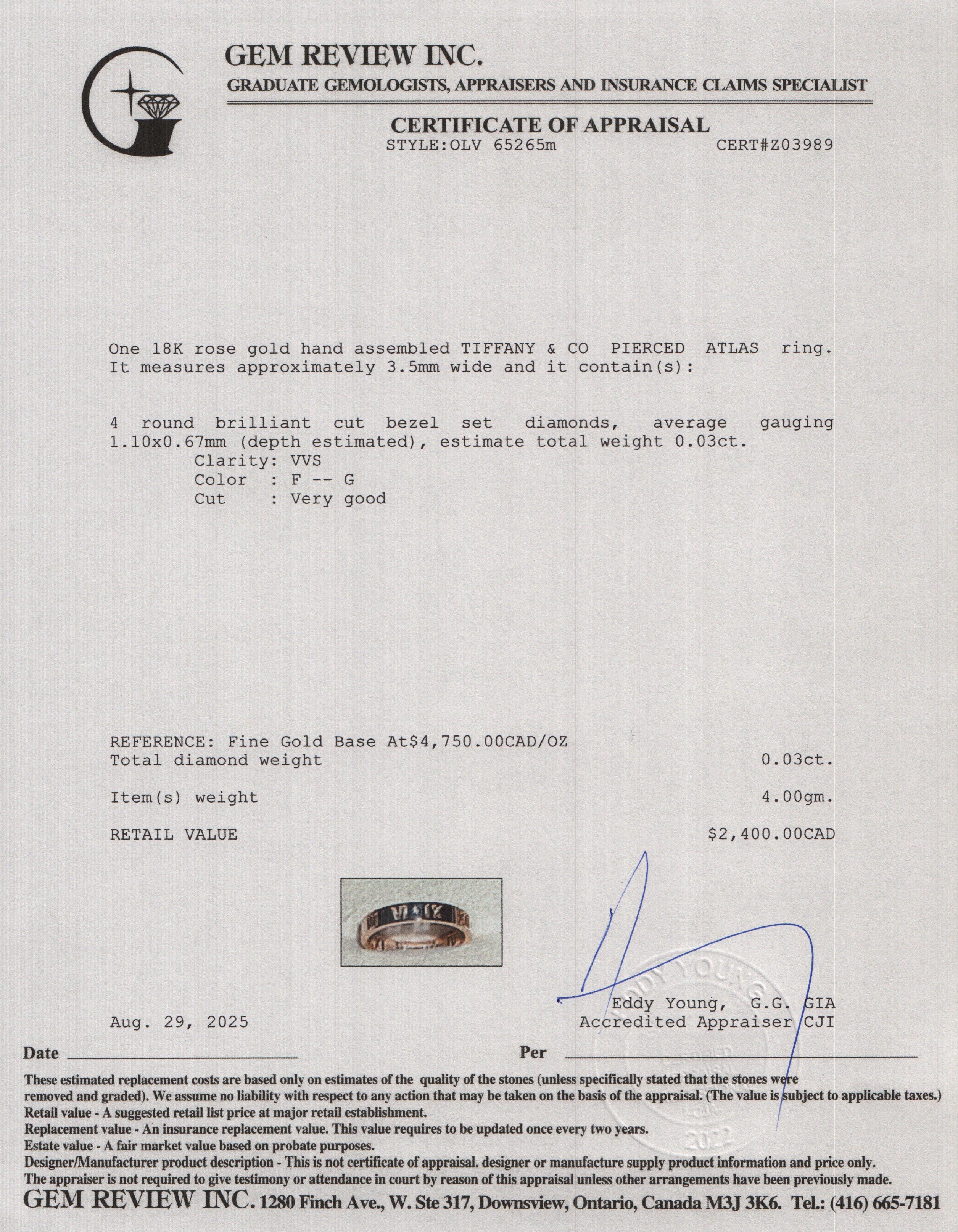 Tiffany & Co. 18k Rose Gold & Diamond Atlas Pierced 3.5 MM Band Ring, Size 8.75