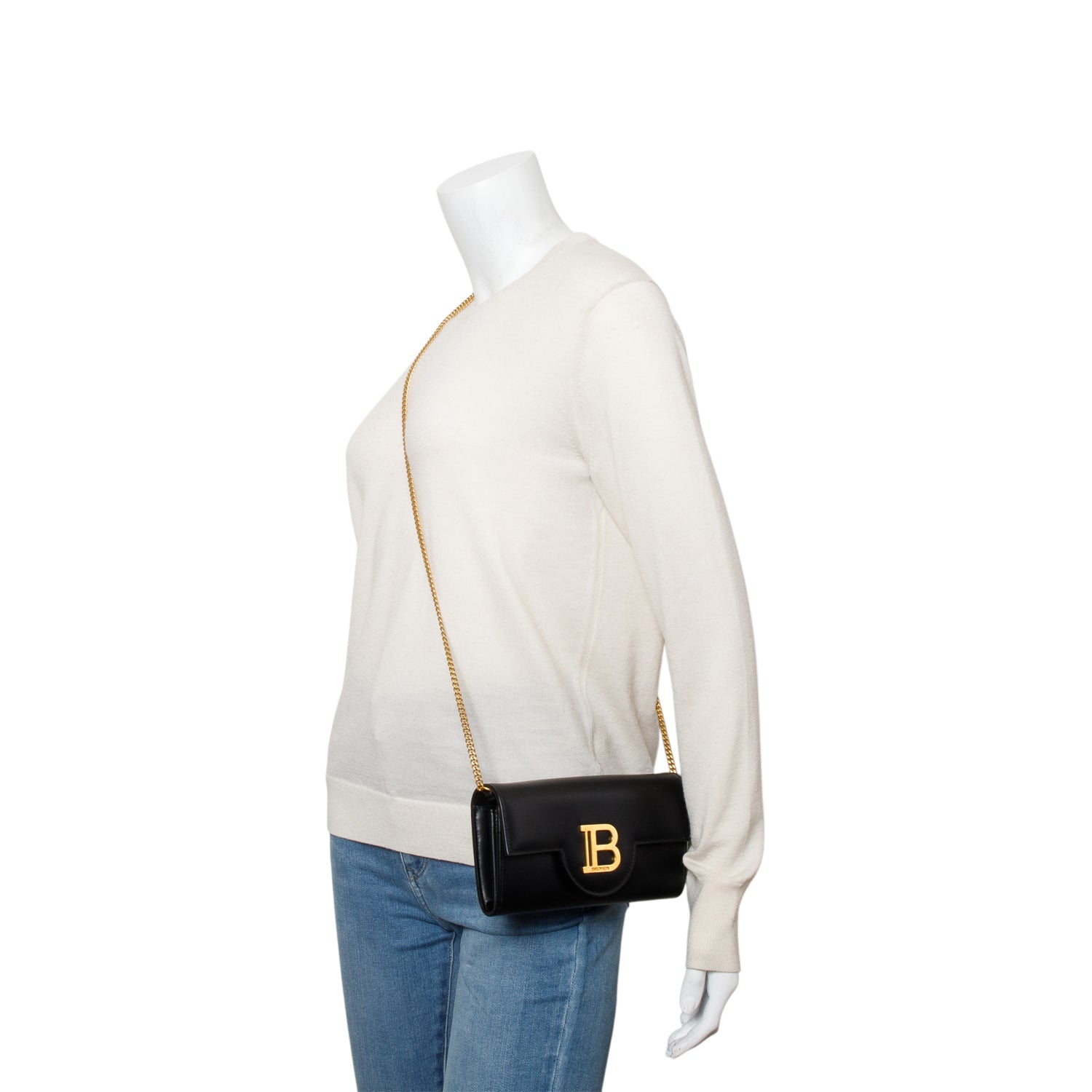 Balmain Black Calfskin Leather B-Buzz Wallet on Chain w/ Box