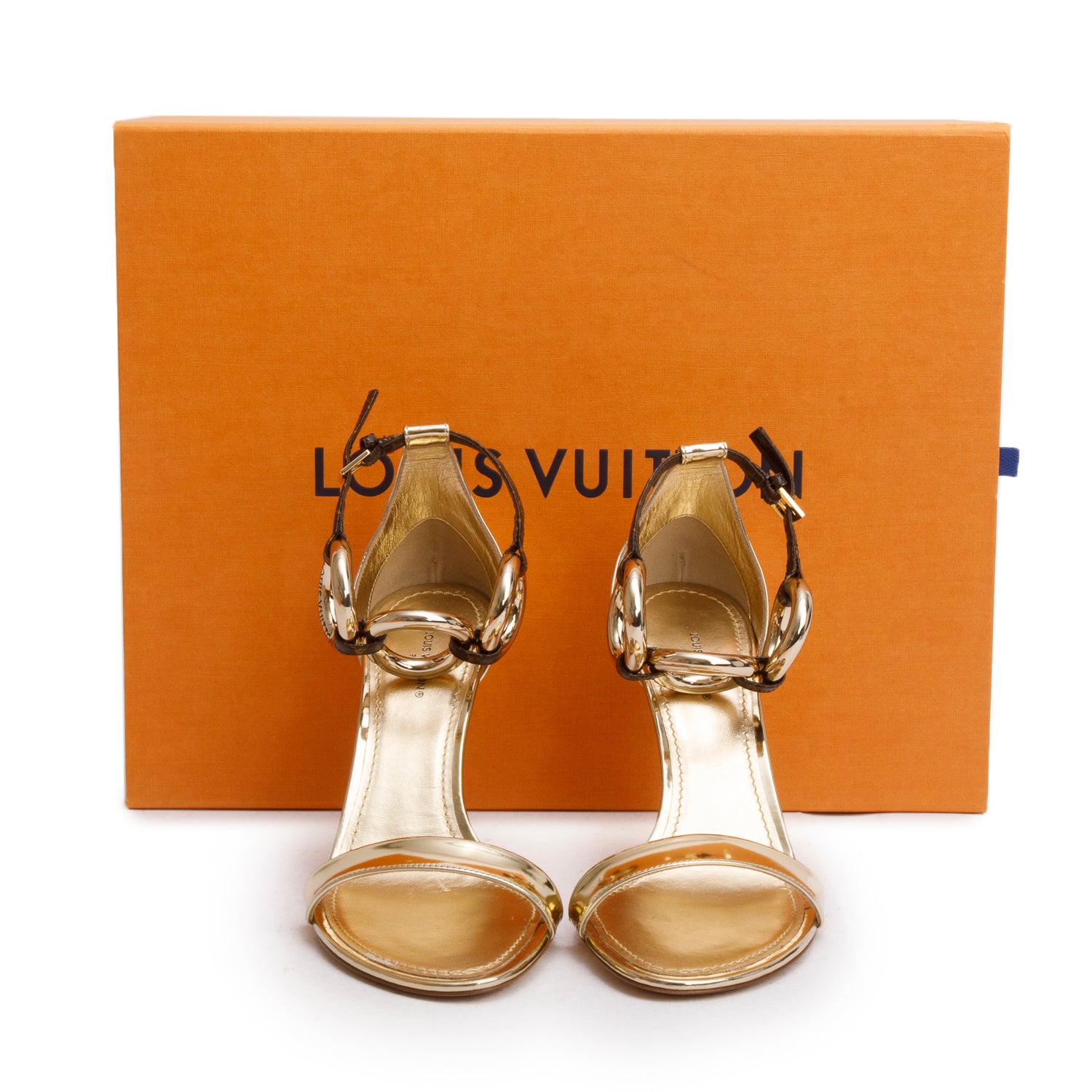 Louis Vuitton Gold Patent Leather Monogram Vedette Sandals w/ Box & Receipt, Size 39