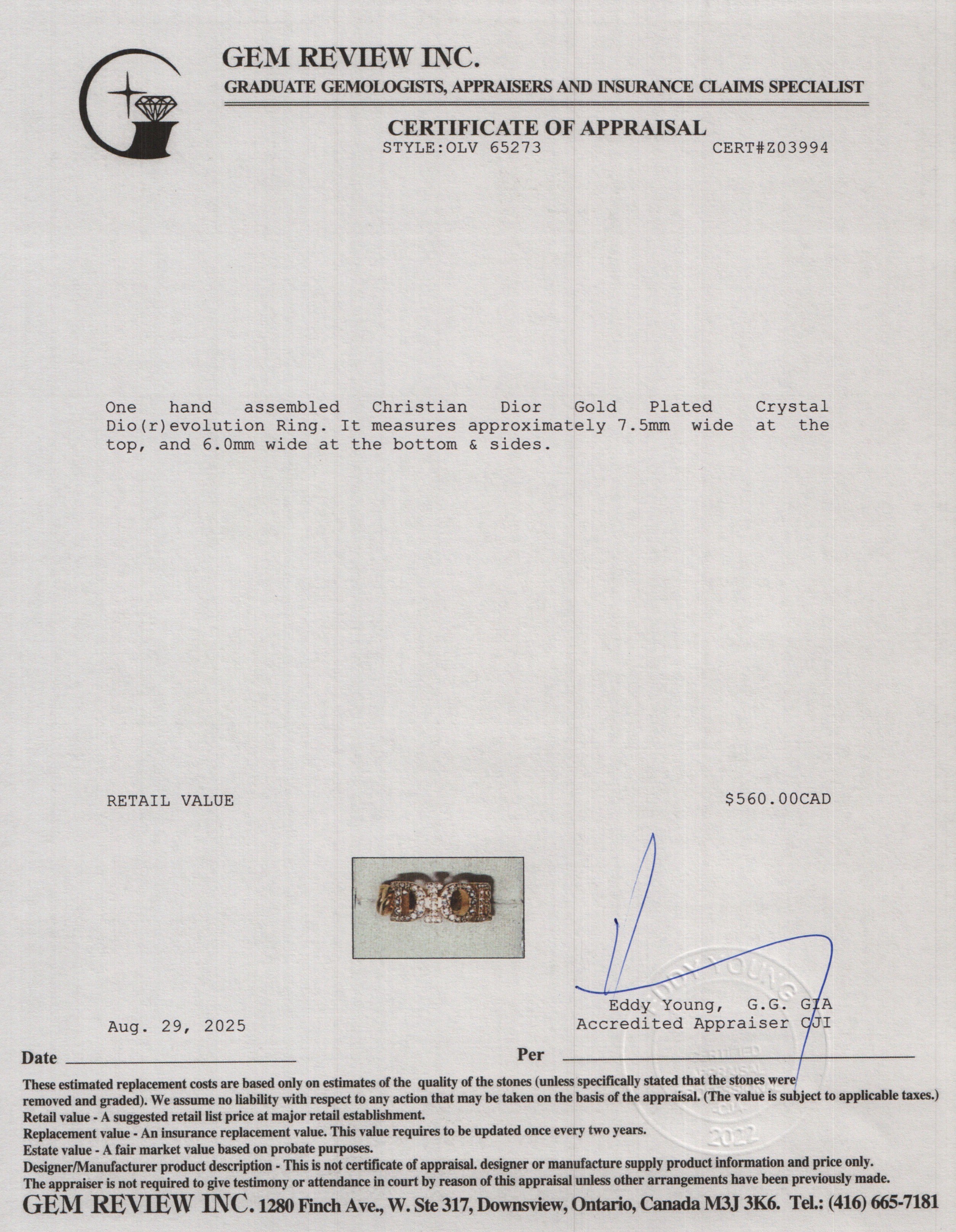 Christian Dior Gold Plated Crystal Dio(r)evolution Ring, Size 6