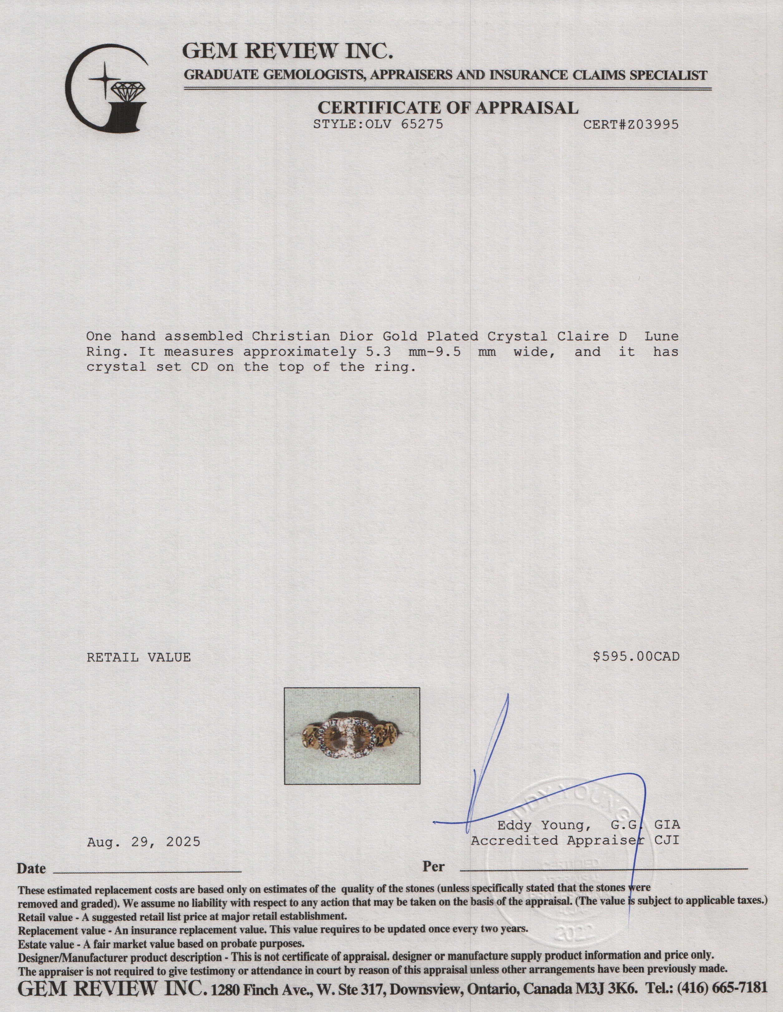 Christian Dior Gold Plated Crystal Claire D Lune Ring, Size 6