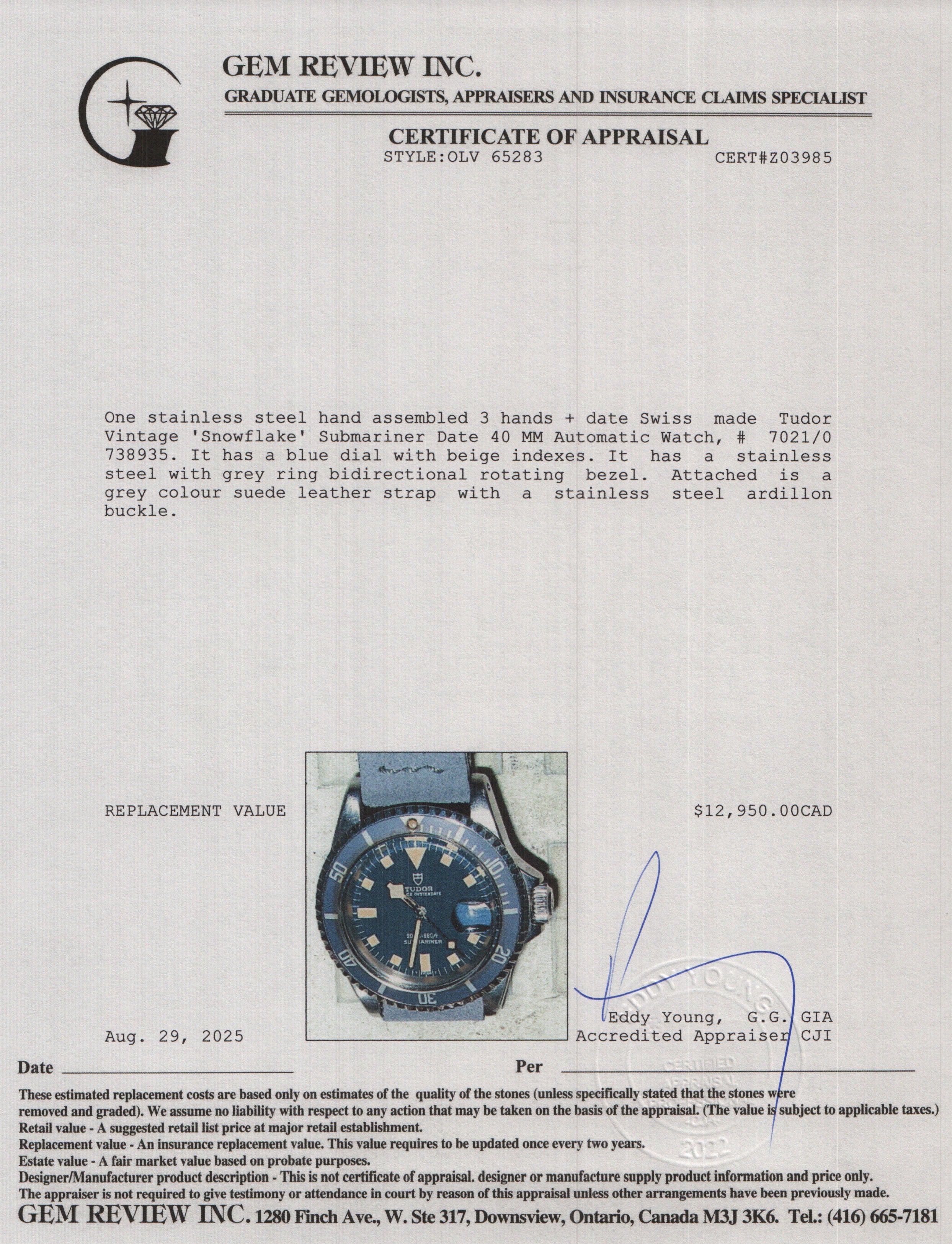 Tudor Vintage Stainless Steel 'Snowflake' Submariner Date 40 MM Automatic Watch Blue Dial Roulette Date 7021/0