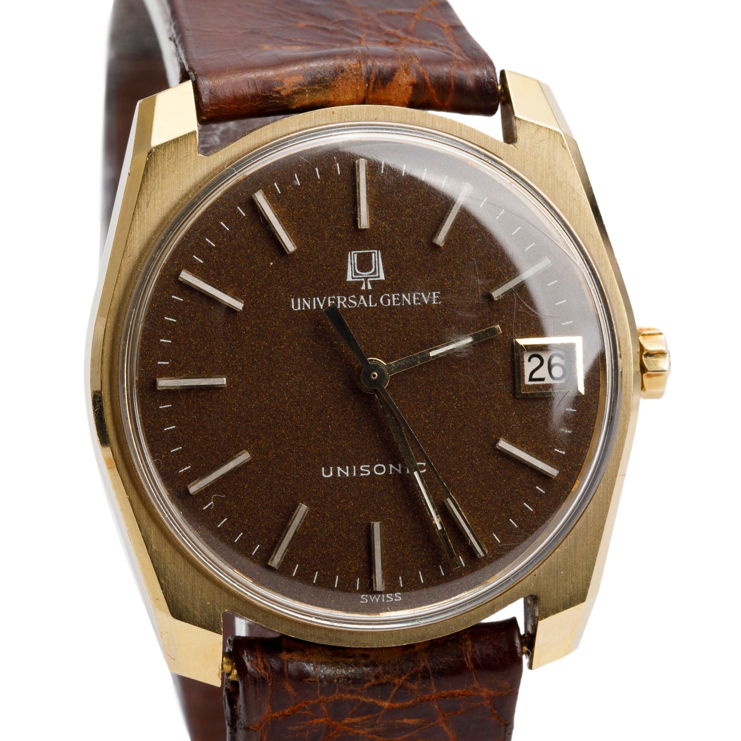 Universal Geneve Vintage 18k Yellow Gold Unisonic 34 MM Watch Brown Dial