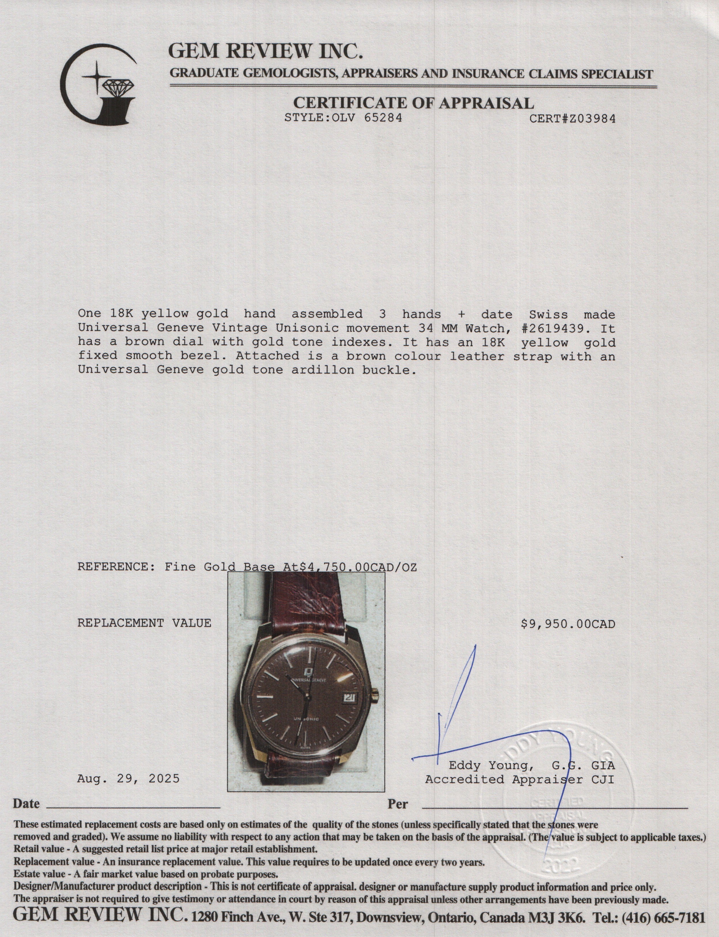 Universal Geneve Vintage 18k Yellow Gold Unisonic 34 MM Watch Brown Dial