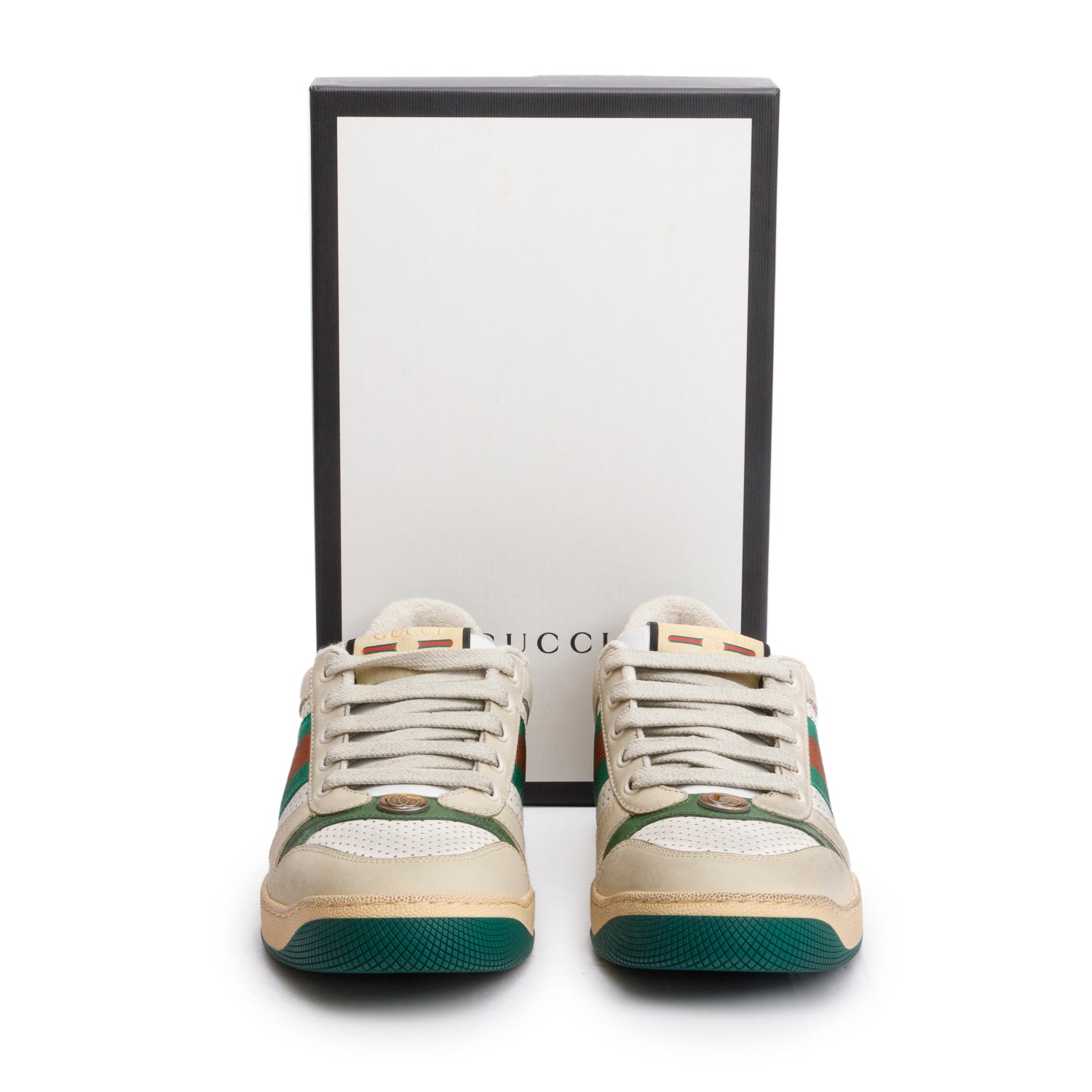 Gucci Beige, Green & White Leather Web Screener Sneakers, Men's Size 40.5 w/ Box