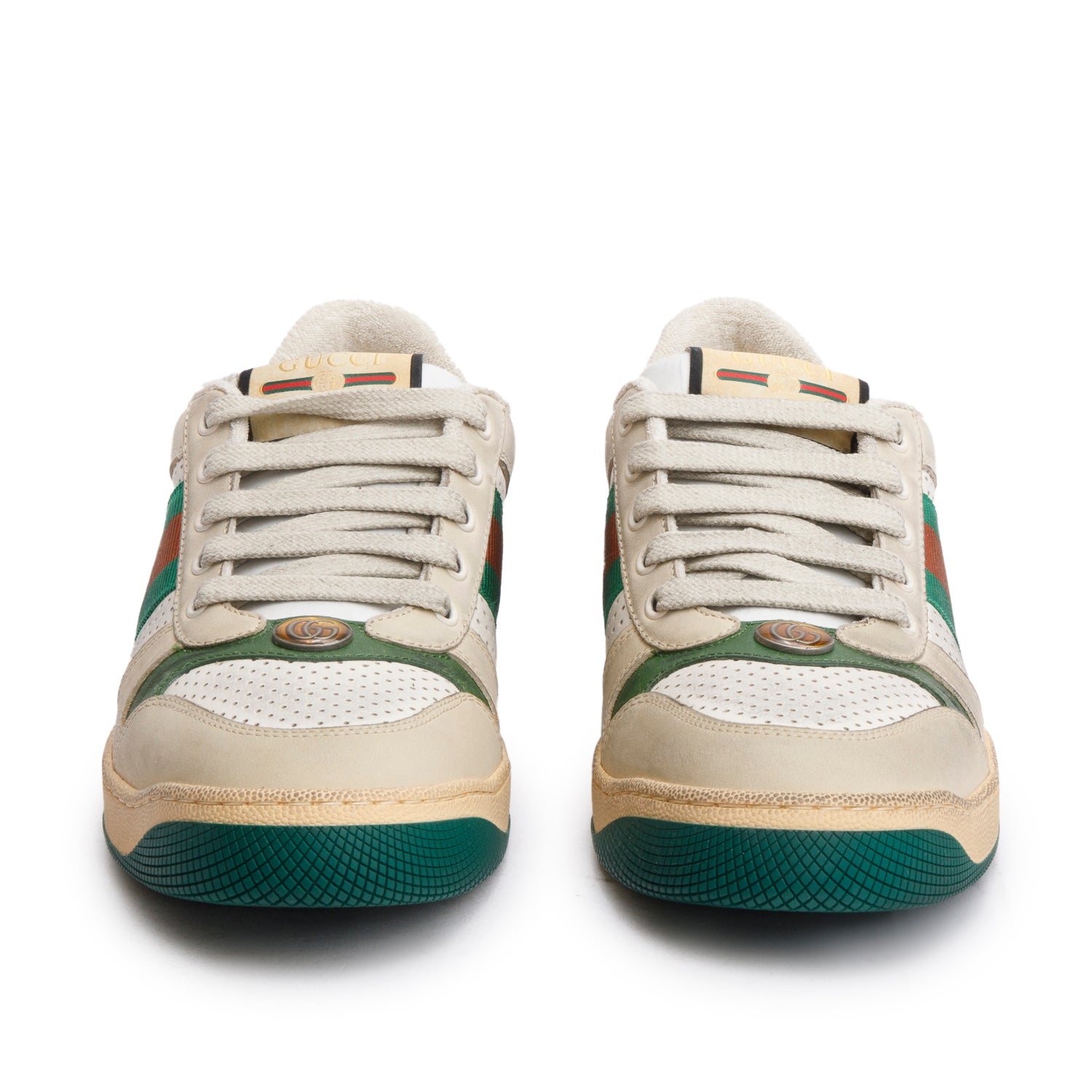 Gucci Beige, Green & White Leather Web Screener Sneakers, Men's Size 40.5 w/ Box