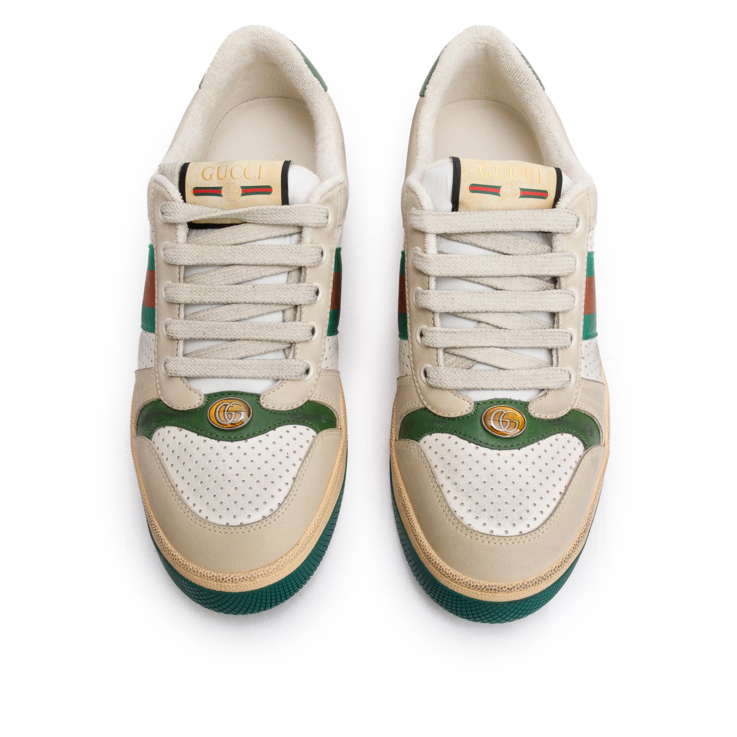 Gucci Beige, Green & White Leather Web Screener Sneakers, Men's Size 40.5 w/ Box