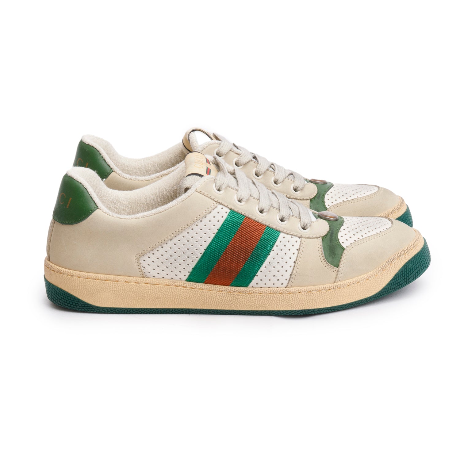 Gucci Beige, Green & White Leather Web Screener Sneakers, Men's Size 40.5 w/ Box