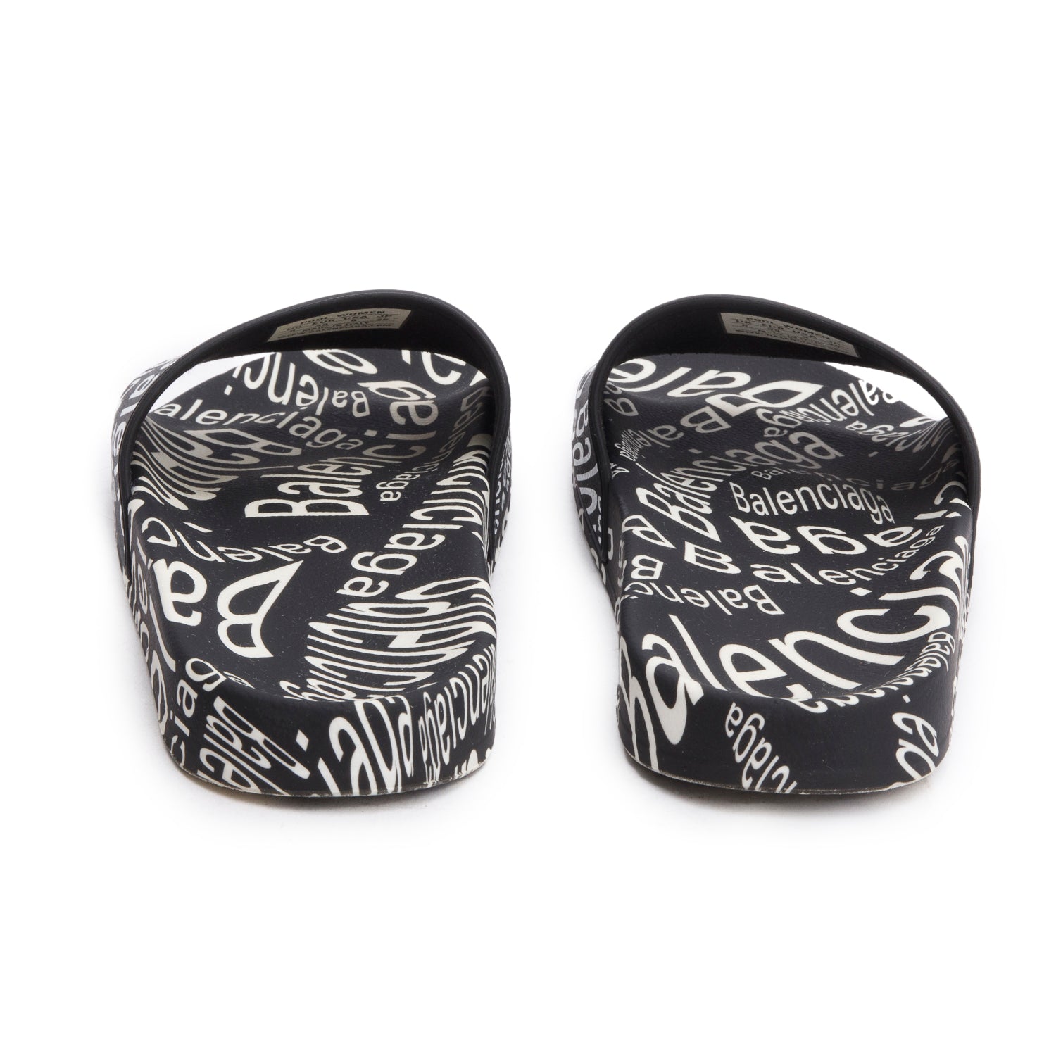 Balenciaga Black/White Rubber All Over Logo Print Pool Slide Sandals, Size 39 w/ Box