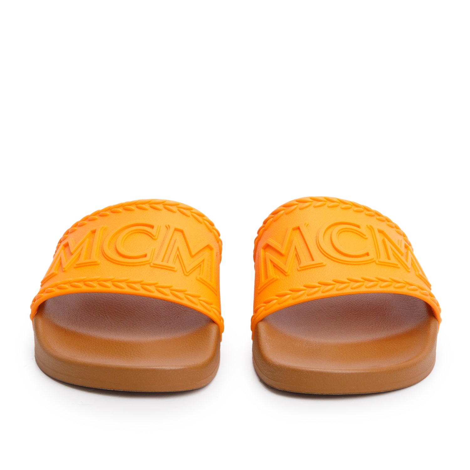 MCM Orange/Tan Rubber Logo Pool Slides, Size 39
