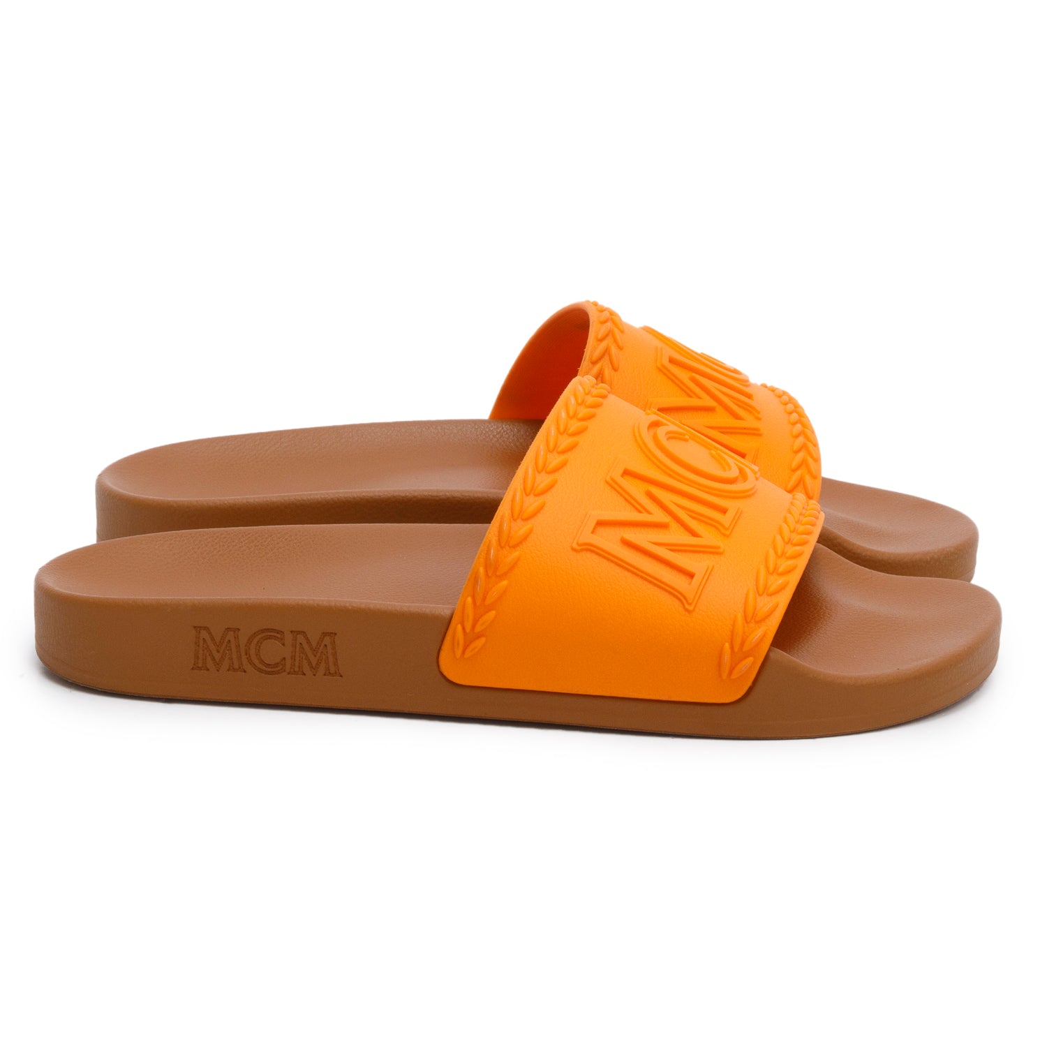 MCM Orange/Tan Rubber Logo Pool Slides, Size 39