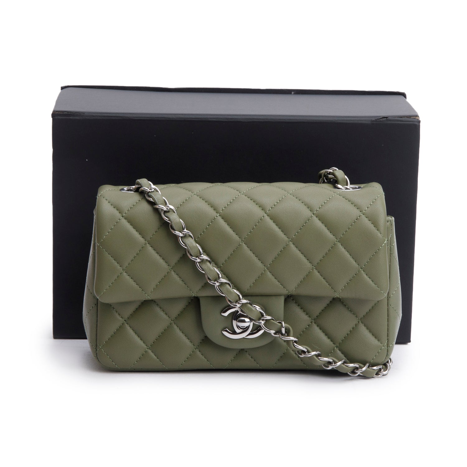 Chanel Oliver Green Quilted Lambskin Classic Mini Rectangular Flap Bag w/ Box