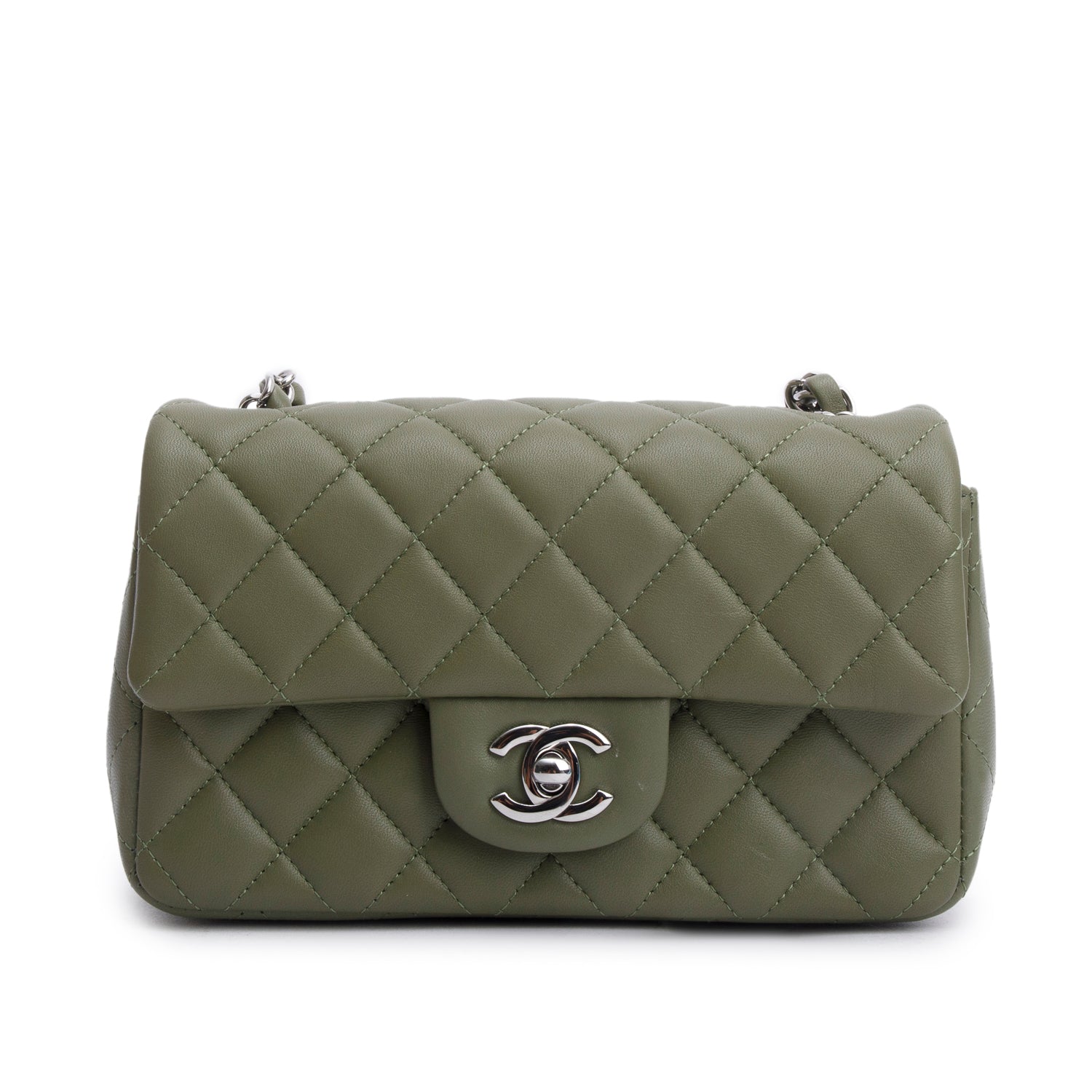 Chanel Oliver Green Quilted Lambskin Classic Mini Rectangular Flap Bag w/ Box