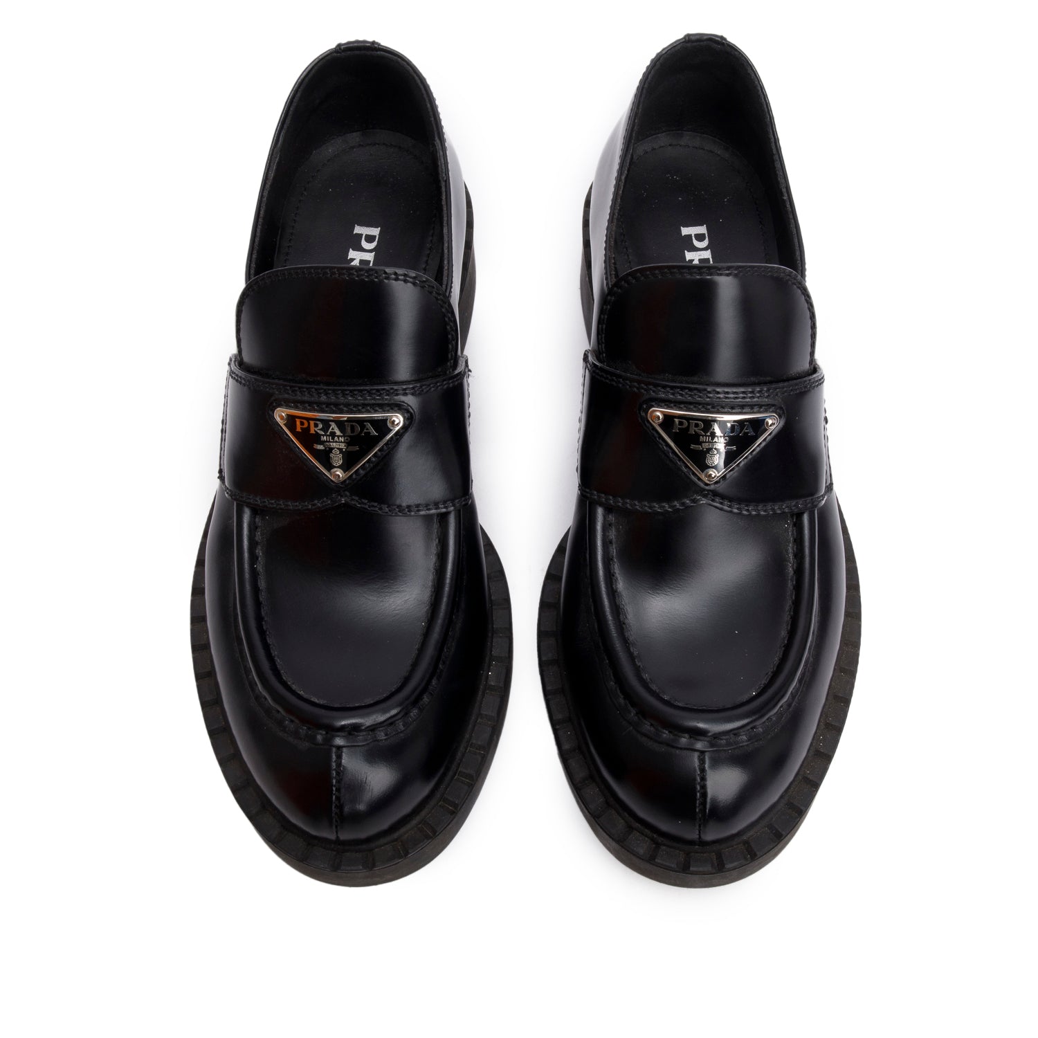 Prada Black Brushed Calfskin Leather Metal Triangle Logo Loafers w/ Box, Size 37