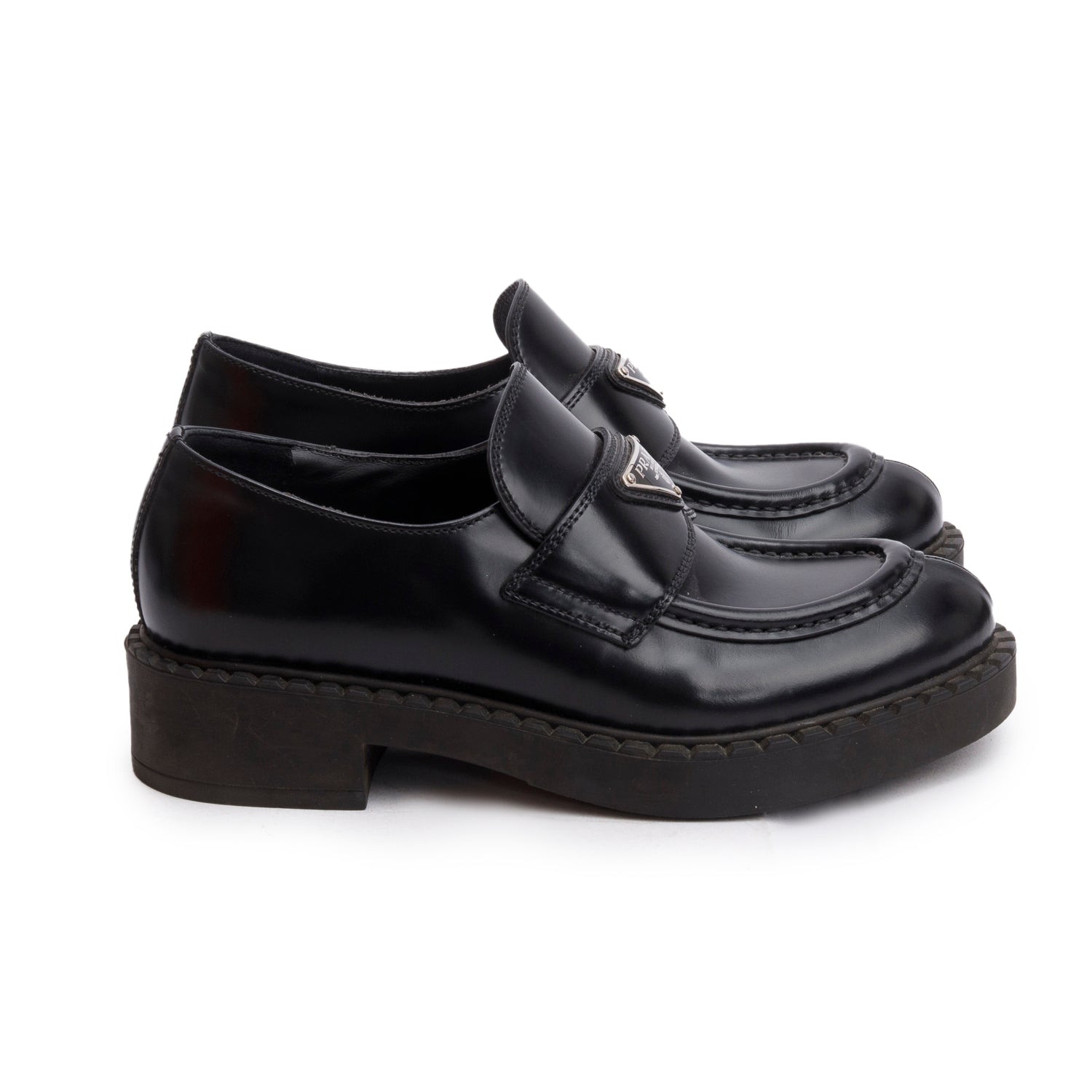 Prada Black Brushed Calfskin Leather Metal Triangle Logo Loafers w/ Box, Size 37