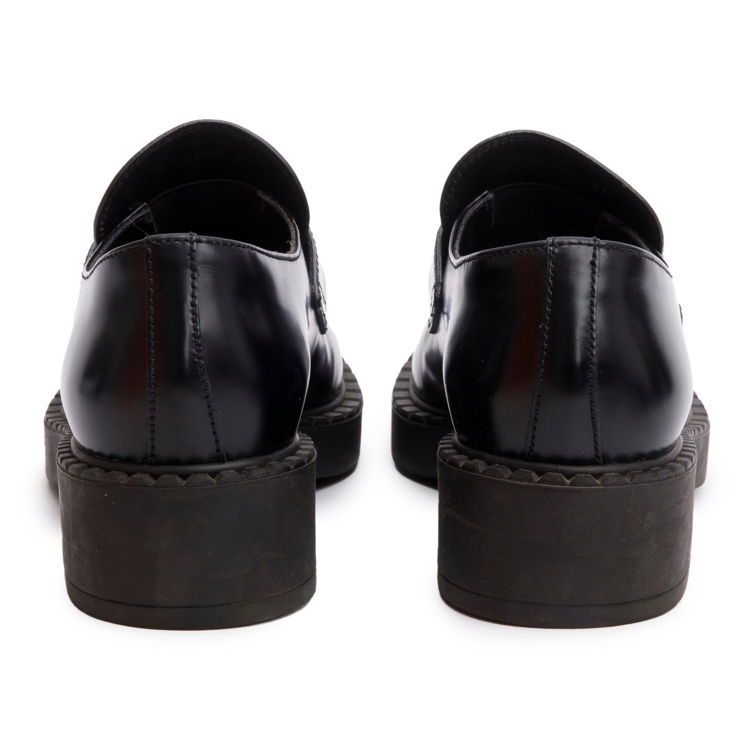 Prada Black Brushed Calfskin Leather Metal Triangle Logo Loafers w/ Box, Size 37