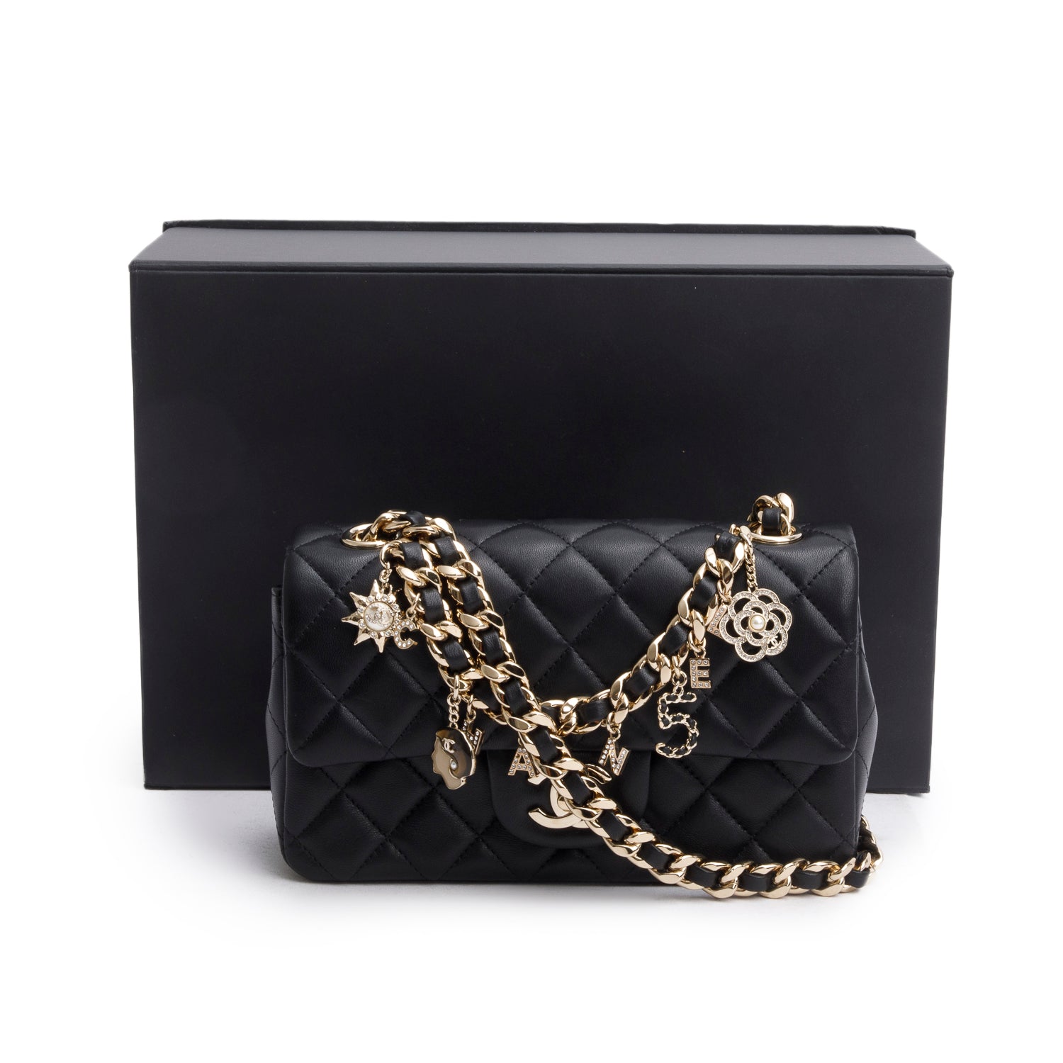 Chanel 2020 Black Lambskin Mini Coco Charms Rectangular Flap w/ Box & Authenticity Card