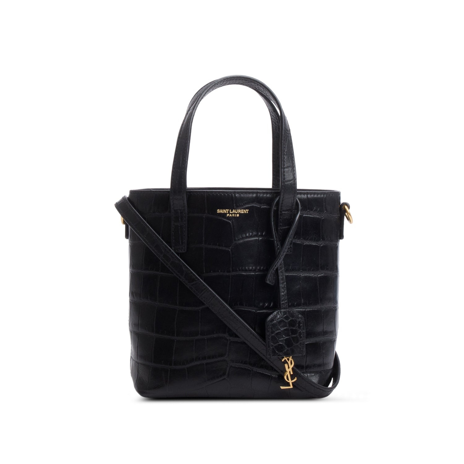 Saint Laurent 2025 Black Croc Embossed Calfskin Mini Toy Shopper Tote w/ Strap