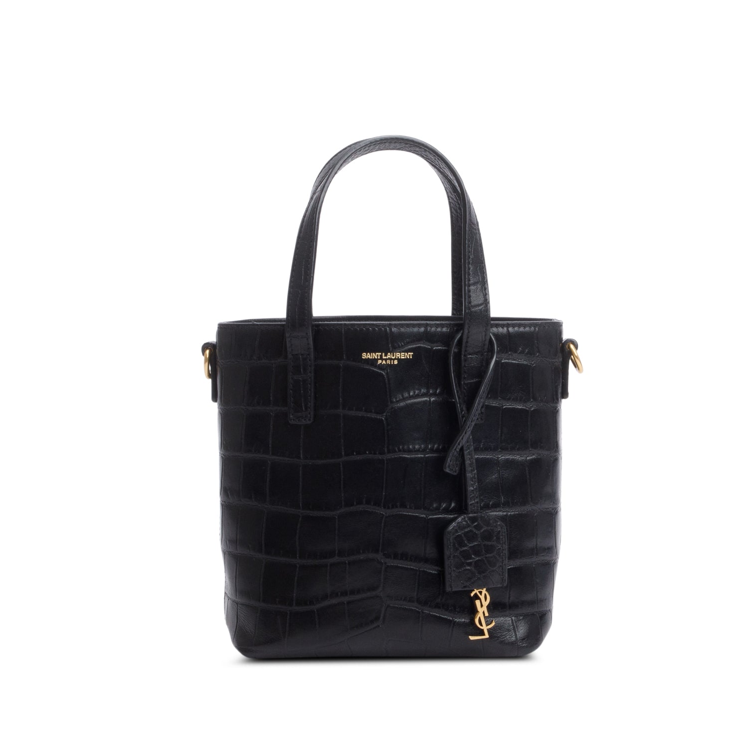 Saint Laurent 2025 Black Croc Embossed Calfskin Mini Toy Shopper Tote w/ Strap