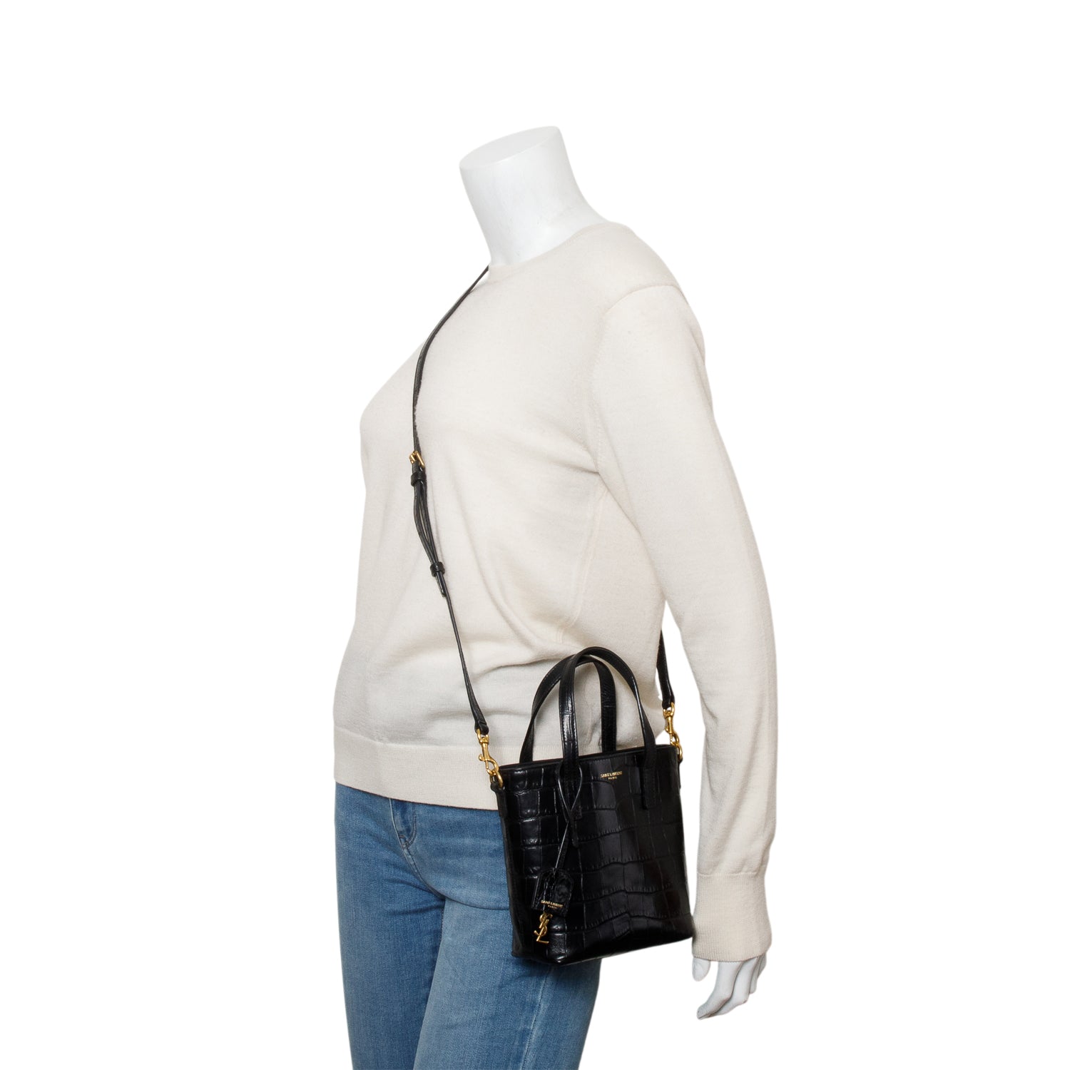 Saint Laurent 2025 Black Croc Embossed Calfskin Mini Toy Shopper Tote w/ Strap