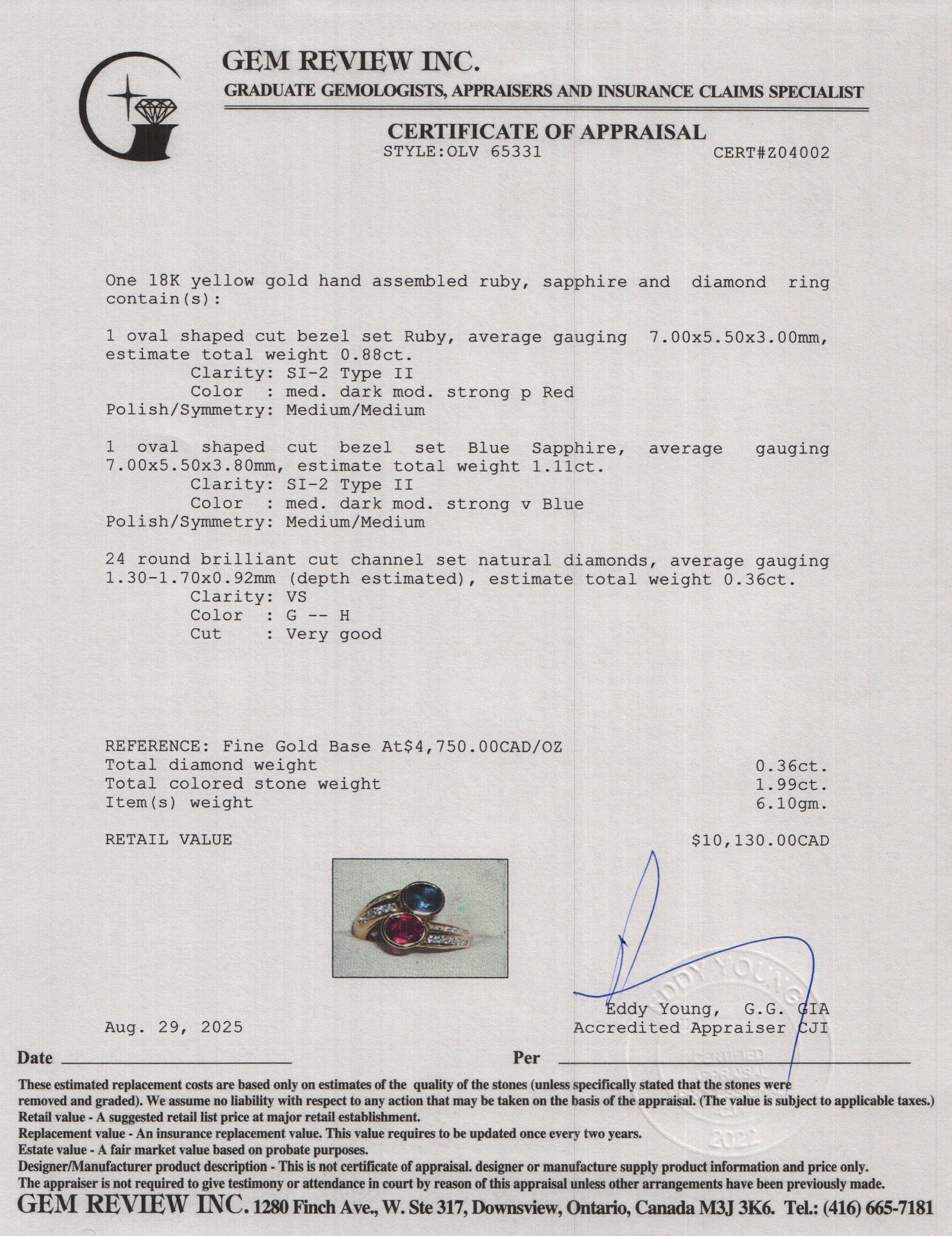 18k Yellow Gold Ruby, Sapphire and Diamond Ring, Size 7