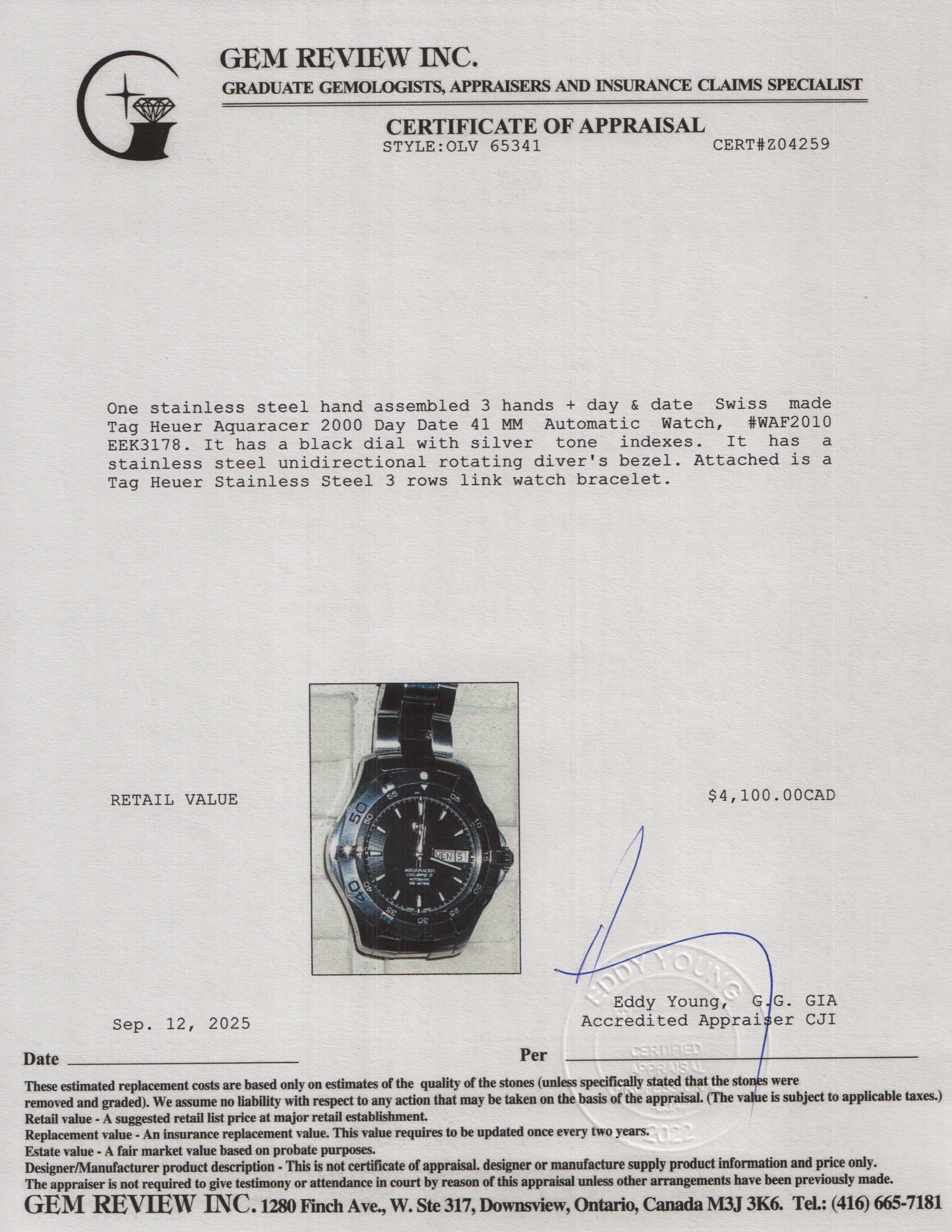 Tag Heuer Stainless Steel Aquaracer 2000 Day Date 41 MM Automatic Watch Black Dial WAF2010