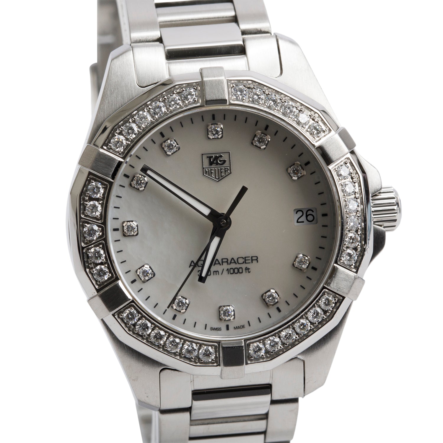 Tag Heuer Stainless Steel Diamond Bezel Aquaracer 32 MM Quartz Watch Mother of Pearl Diamond Dial WAF1314