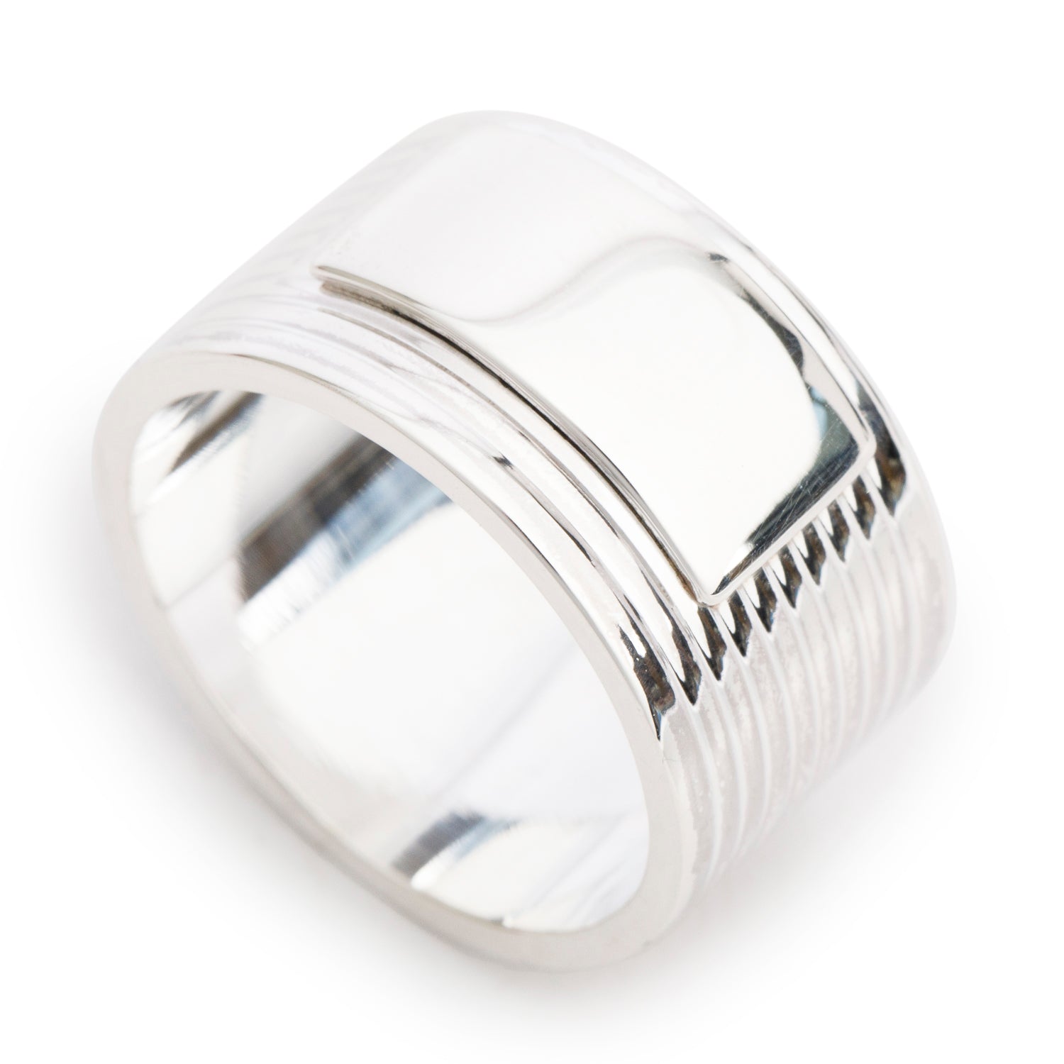 Gucci Sterling Silver Trademark 12 MM Wide Striped Band Ring, Size 9.25