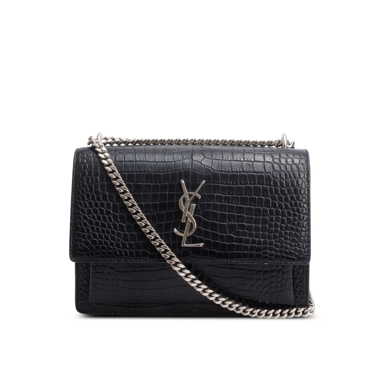 Saint Laurent Black Croc Embossed Calfskin Medium Sunset Bag