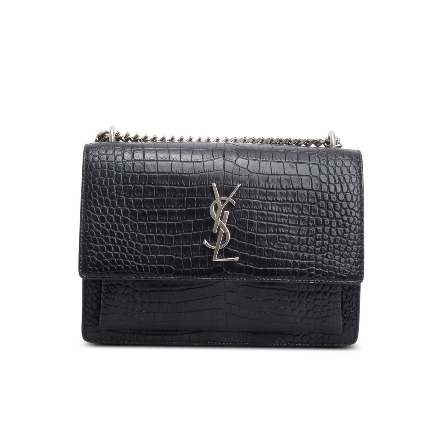 Saint Laurent Black Croc Embossed Calfskin Medium Sunset Bag