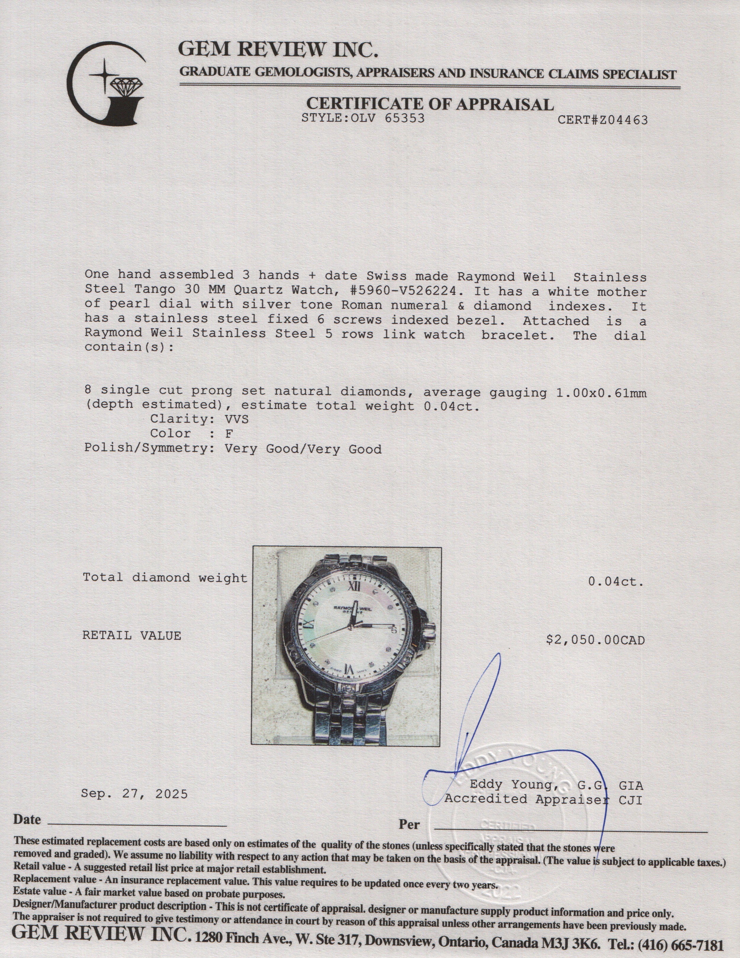 Raymond Weil Stainless Steel Tango 30 MM Quartz Watch Mother of Pearl Diamond Dial 5960