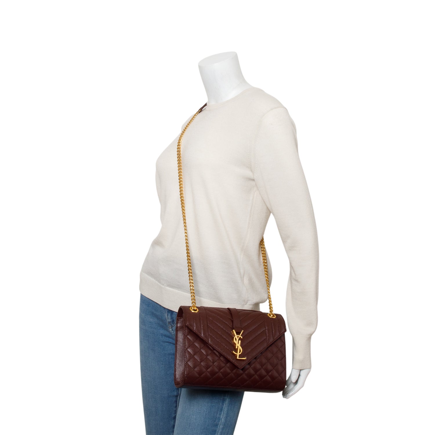Saint Laurent 2024 Burgundy Grain de Poudre Medium Envelope Shoulder Bag