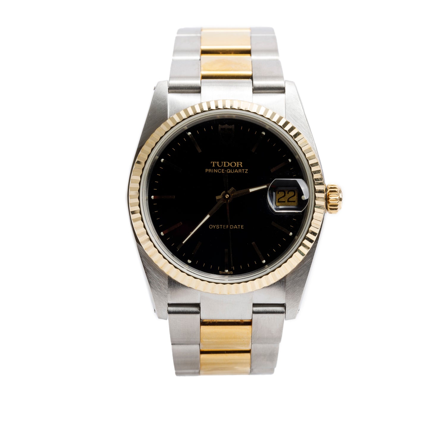 Tudor Vintage Stainless Steel & 14k Yellow Gold Prince OysterDate 34 MM Quartz Watch Black Dial