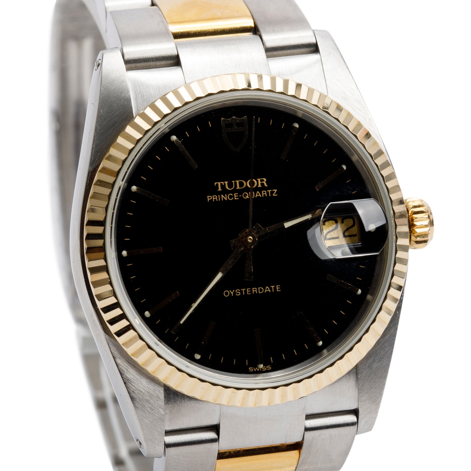 Tudor Vintage Stainless Steel & 14k Yellow Gold Prince OysterDate 34 MM Quartz Watch Black Dial