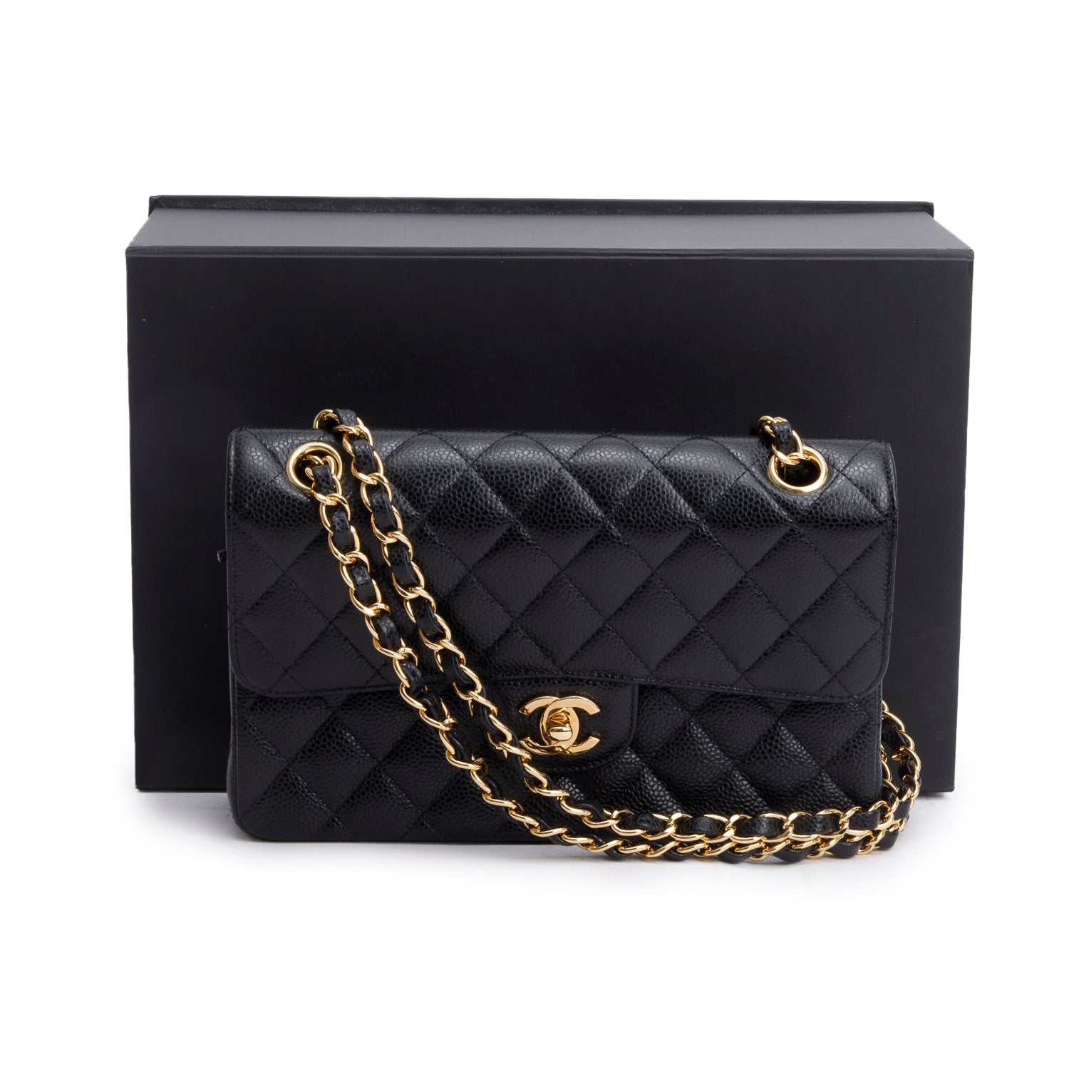 Chanel Black Quilted Caviar Leather Classic Small Double Flap Bag w/ Box & Authenticity Card
