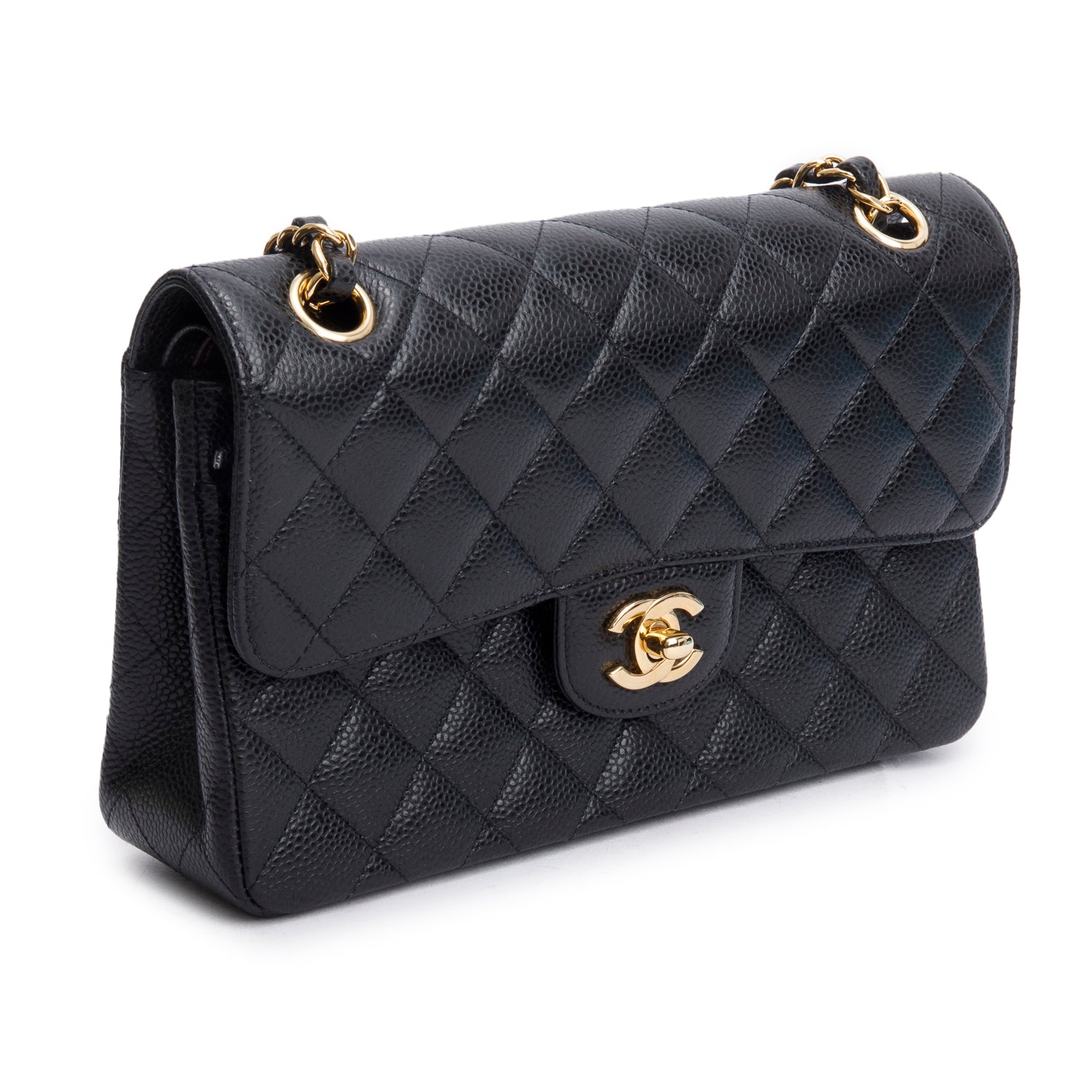 Chanel Black Quilted Caviar Leather Classic Small Double Flap Bag w/ Box & Authenticity Card