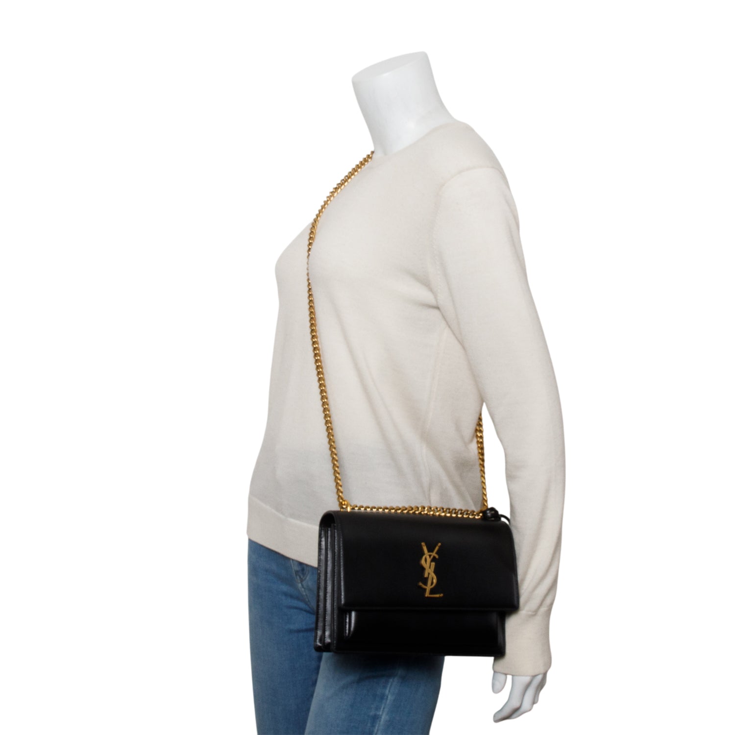 Saint Laurent 2024 Black Calfskin Leather Medium Sunset Shoulder Bag w/ Box