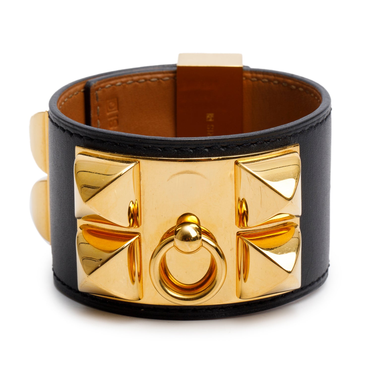 Hermes Gold-Plated Black Box Calfskin Leather Collier de Chien Bracelet, Size S w/ Box
