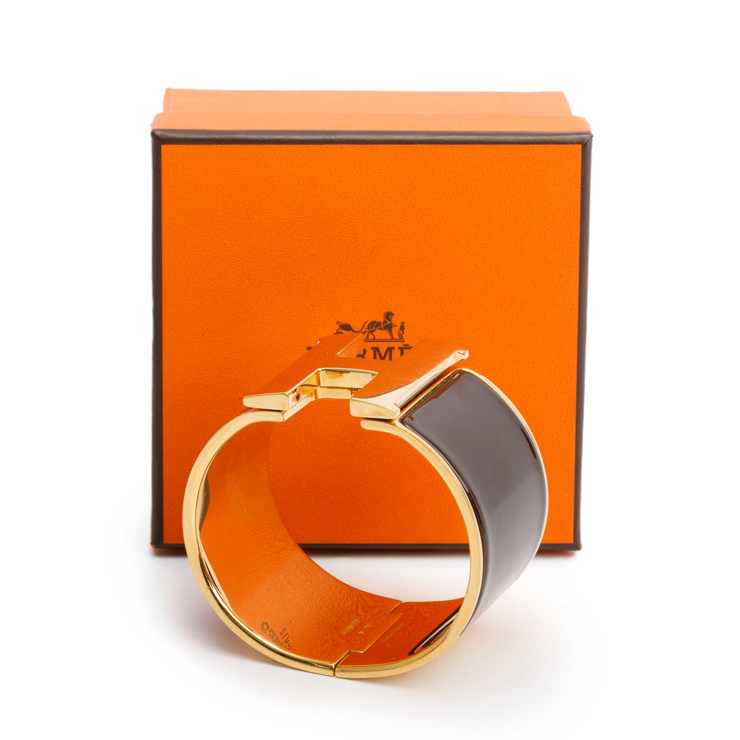 Hermes Gold-Plated Brown Enamel Clic H XL Bracelet w/ Box