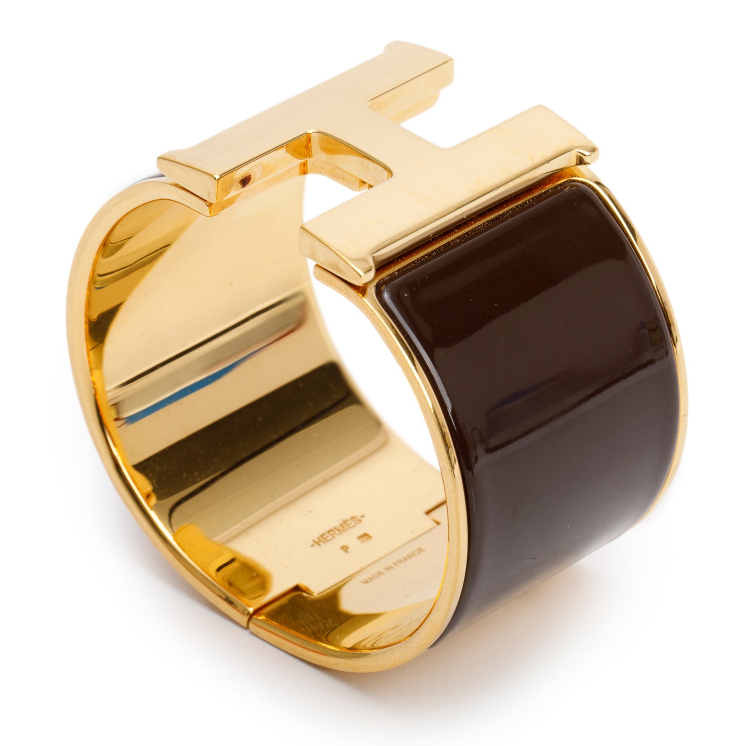 Hermes Gold-Plated Brown Enamel Clic H XL Bracelet w/ Box
