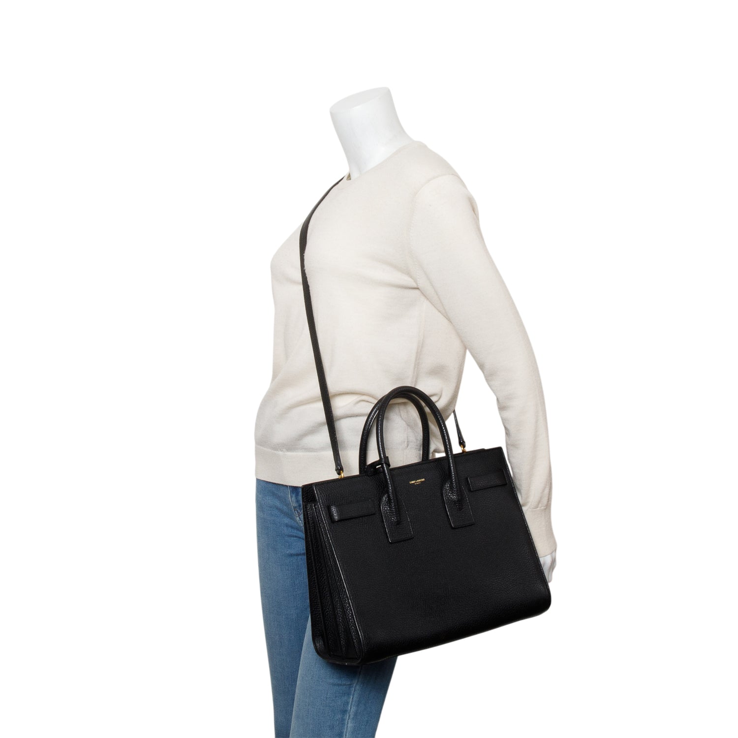 Saint Laurent Black Grained Leather Small Sac de Jour w/ Strap