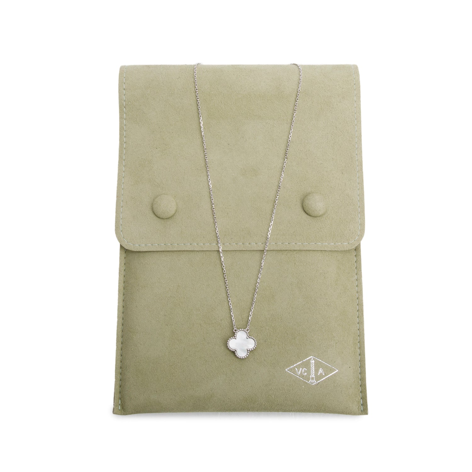 Van Cleef & Arpels 18k White Gold Vintage Alhambra Mother of Pearl Pendant Necklace w/ Carry Pouch