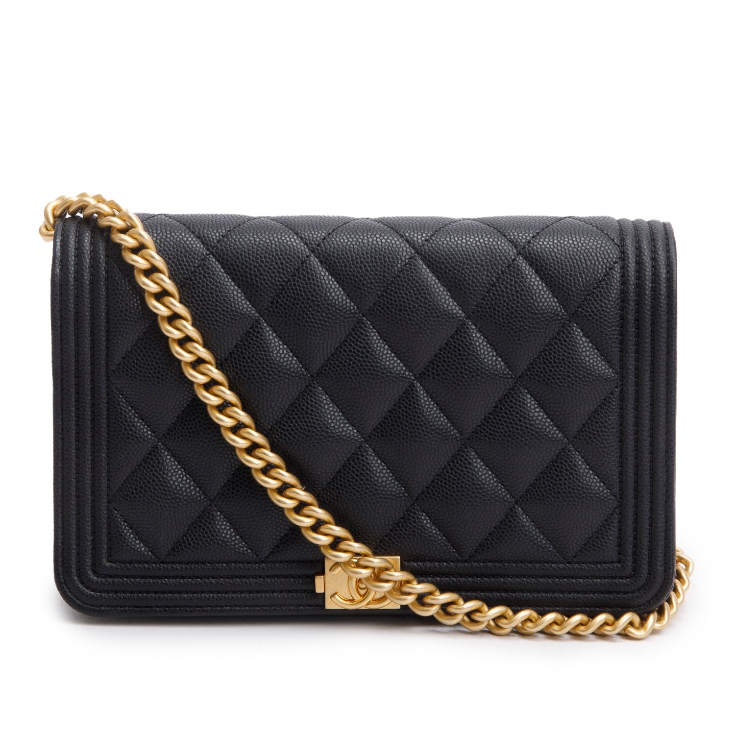Chanel Black Caviar Quilted Boy Wallet on Chain w/ Box